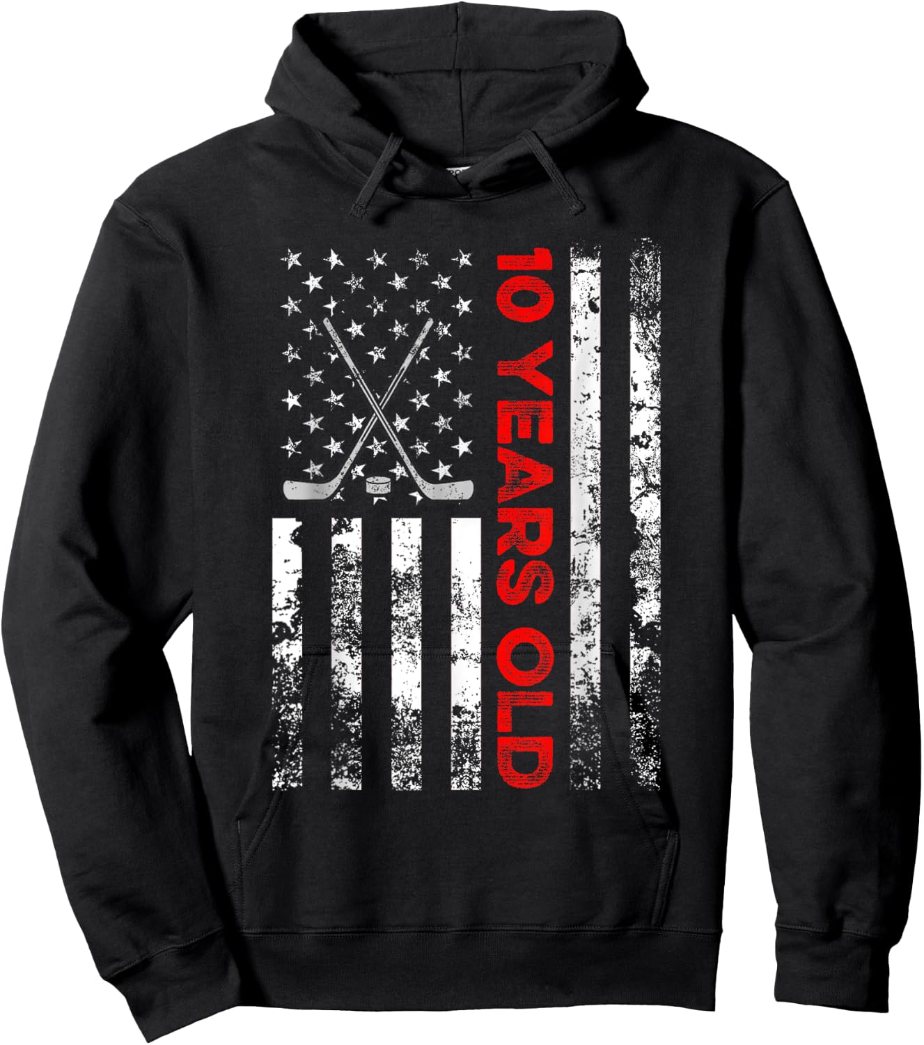 10 Year Old Shirt 10th Birthday USA Flag Hockey Shirt Kids Men Hoodie - Hoodie | Black