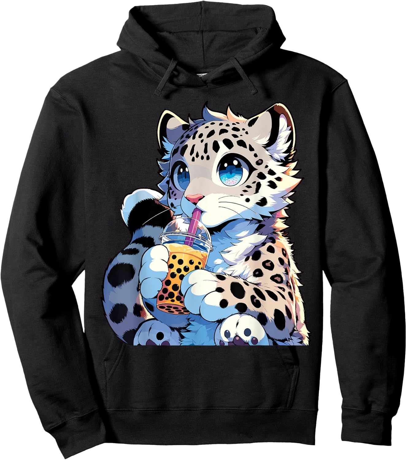 Kawaii Anime Snow Leopard Boba Tea Bubble Tea Hoodie - Hoodie | Black