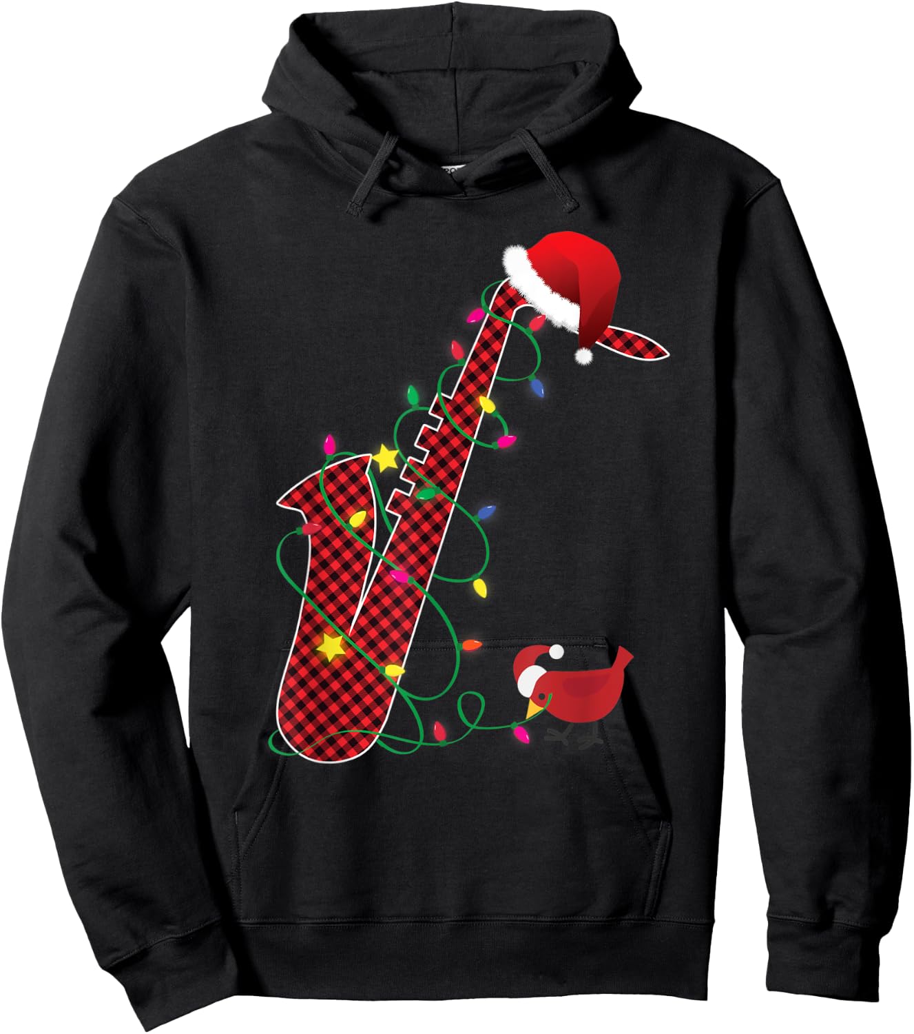Red Buffalo Plaid Pajama Saxophone Lovers Christmas Lights Hoodie - Hoodie | Black