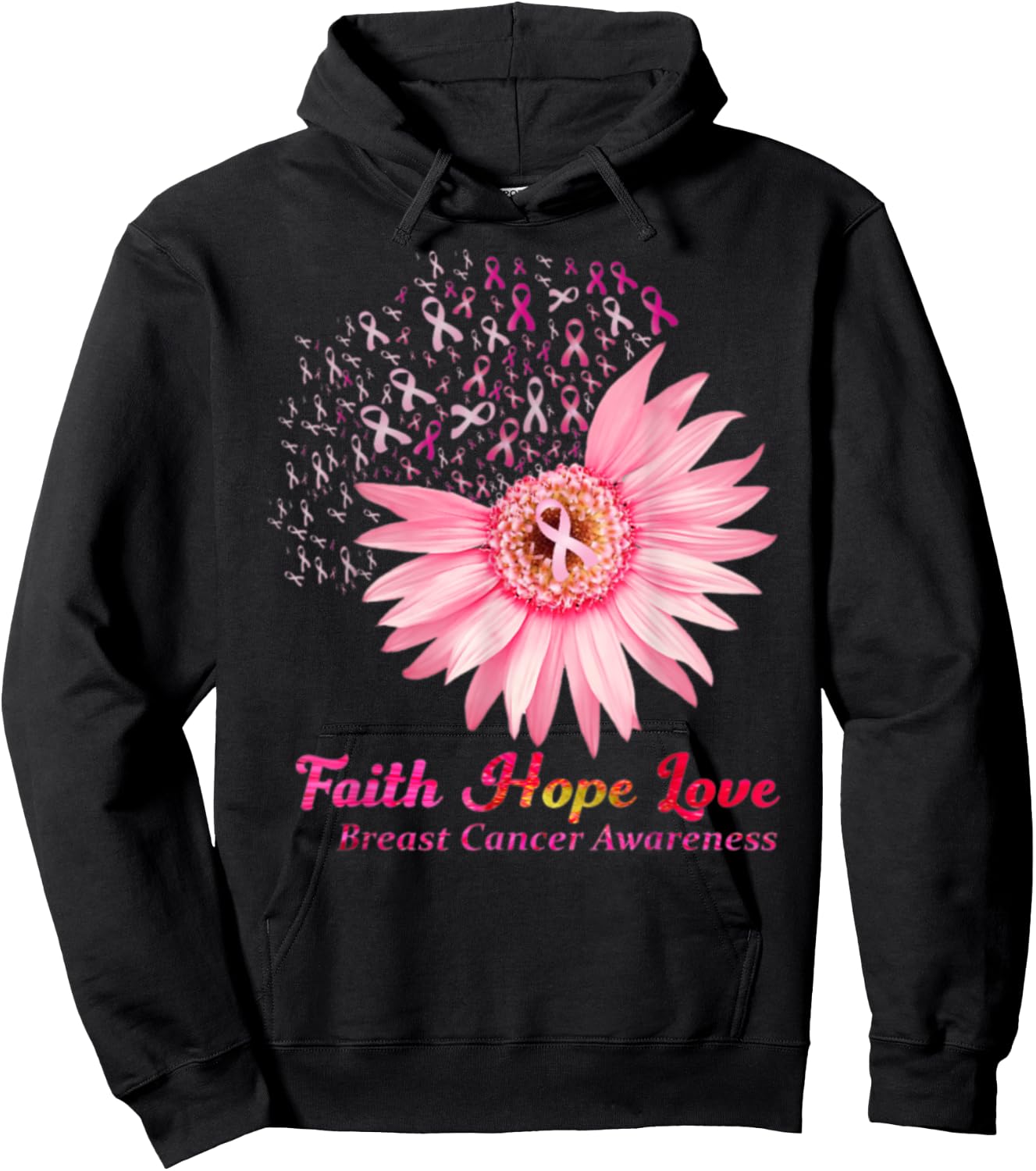 Faith Hope Love Breast Cancer Awareness Flower Pin Hoodie - Hoodie | Black