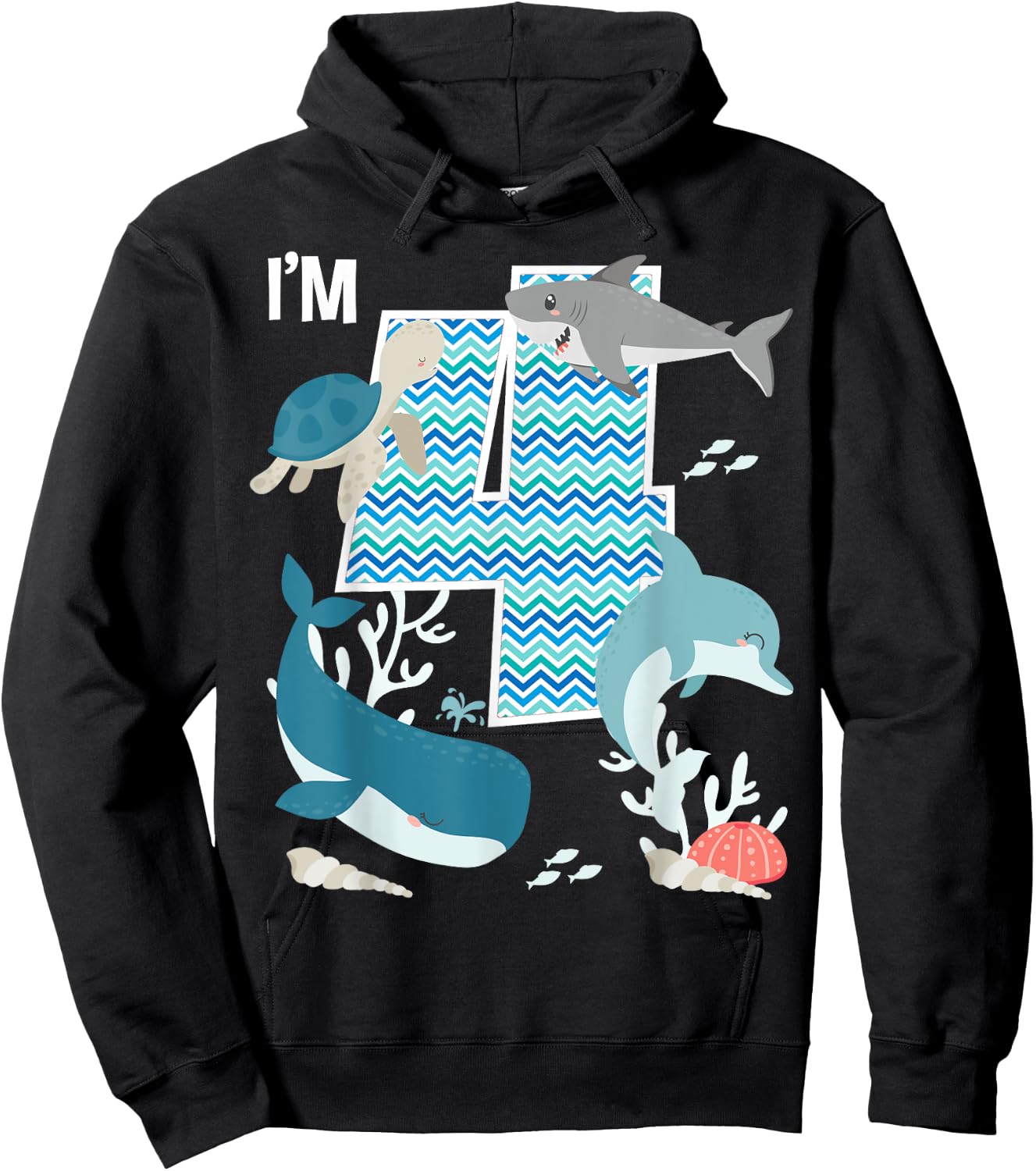 Kids 4 Year Old Ocean Life Whale Dolphin Shark 4th Birthday Hoodie - Hoodie | Black