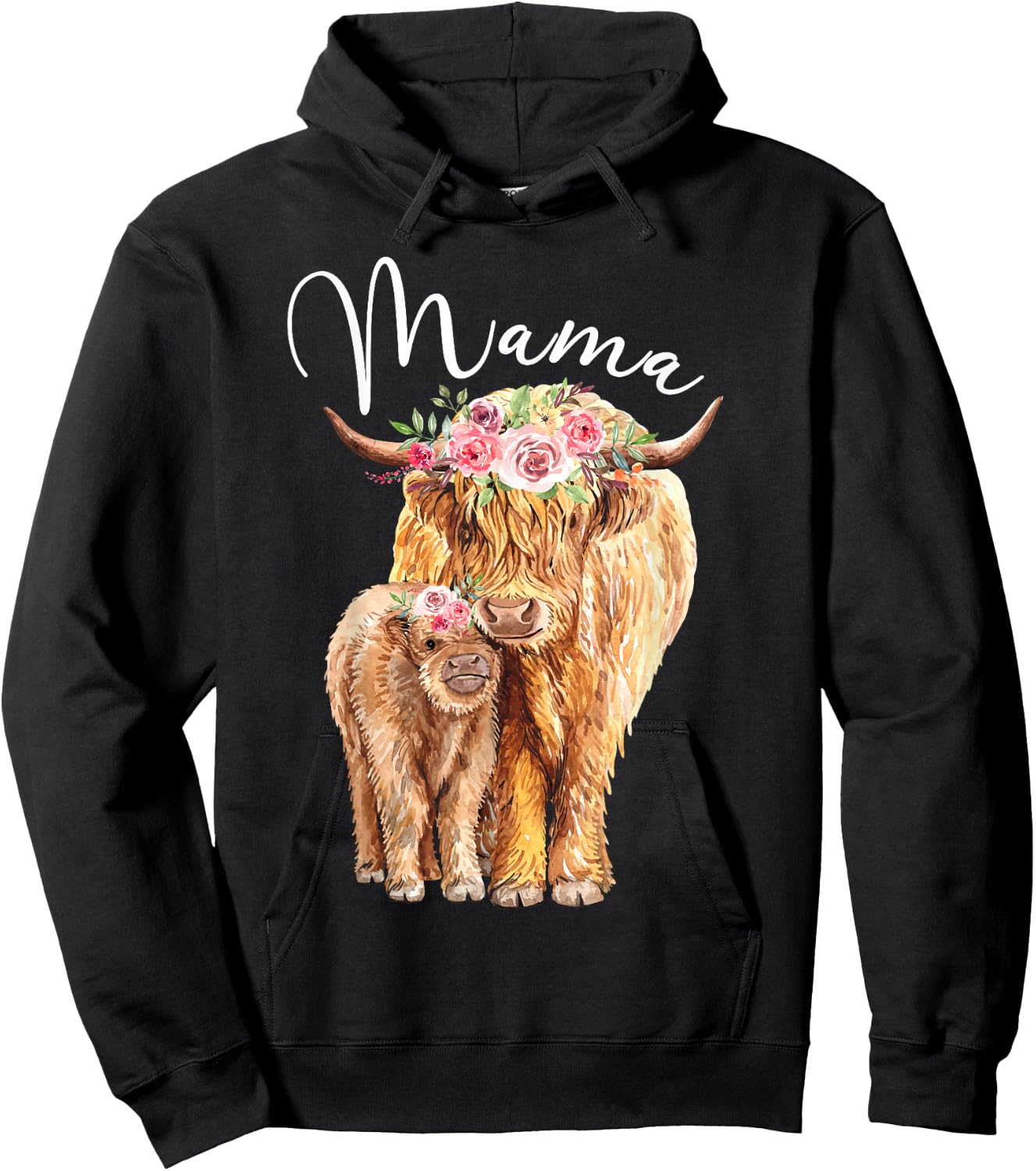 Mama Highland Cow With Baby Calf Floral Mothers Day Mom Gift Hoodie - Hoodie | Black