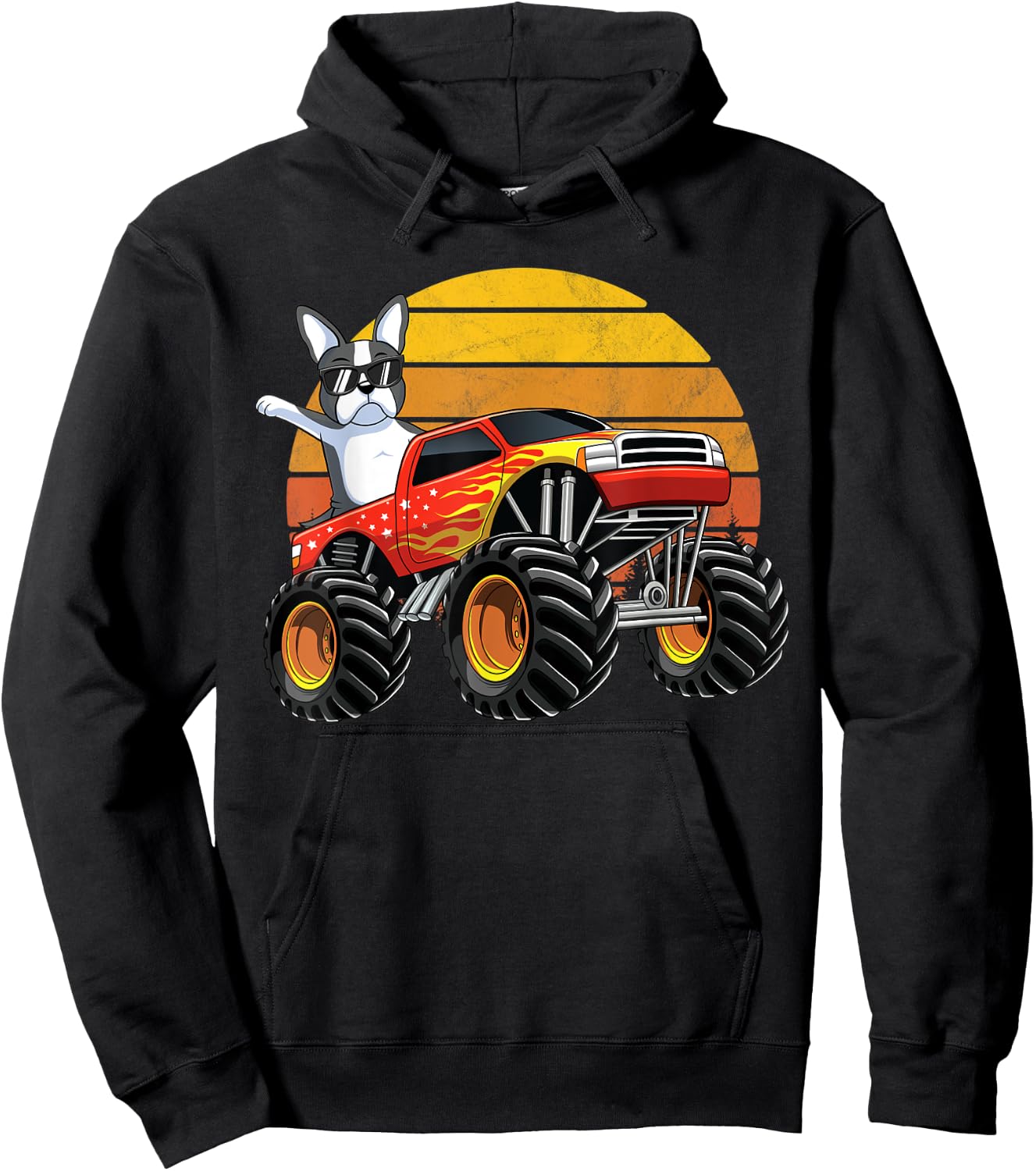 Monster Truck Boston Terrier Dog Retro Sunset Boys Kids Gift Hoodie - Hoodie | Black