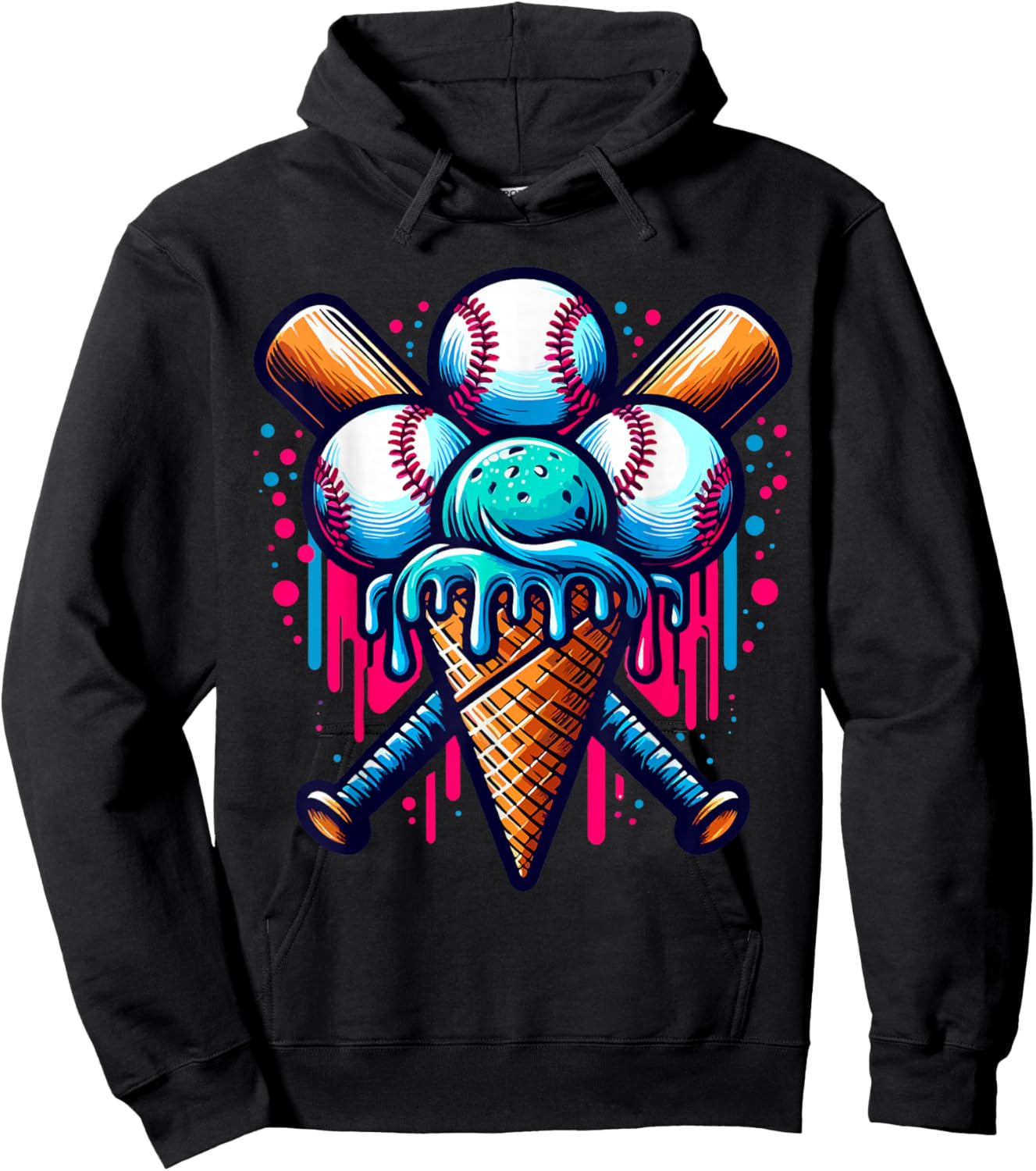 Baseball Ice Cream Watercolor Sports Lover Ice Cream Cone Hoodie - Hoodie | Black