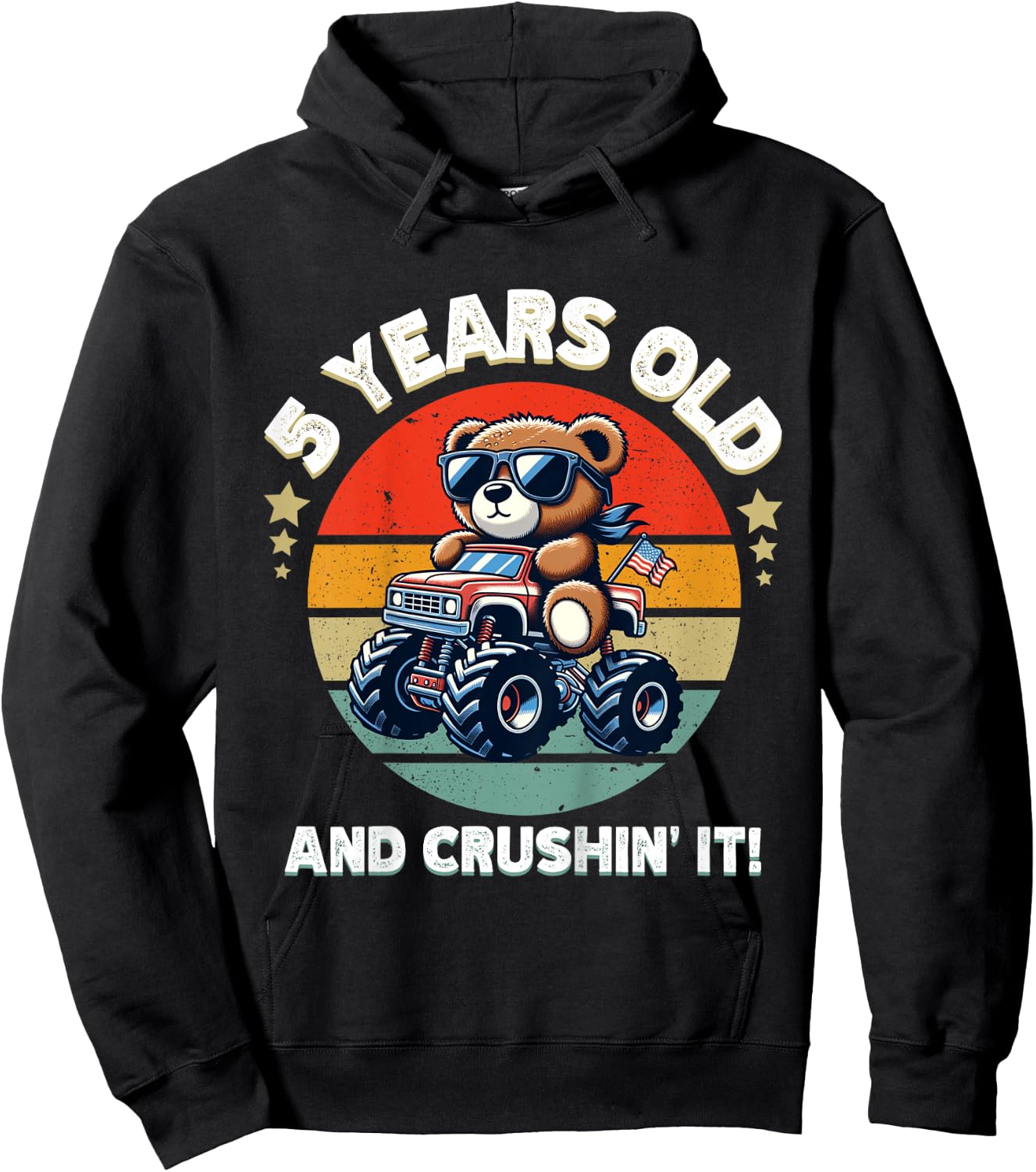 Kids Retro 5th Birthday Monster Truck Teddy Bear Crushin' It Boys Hoodie - Hoodie | Black