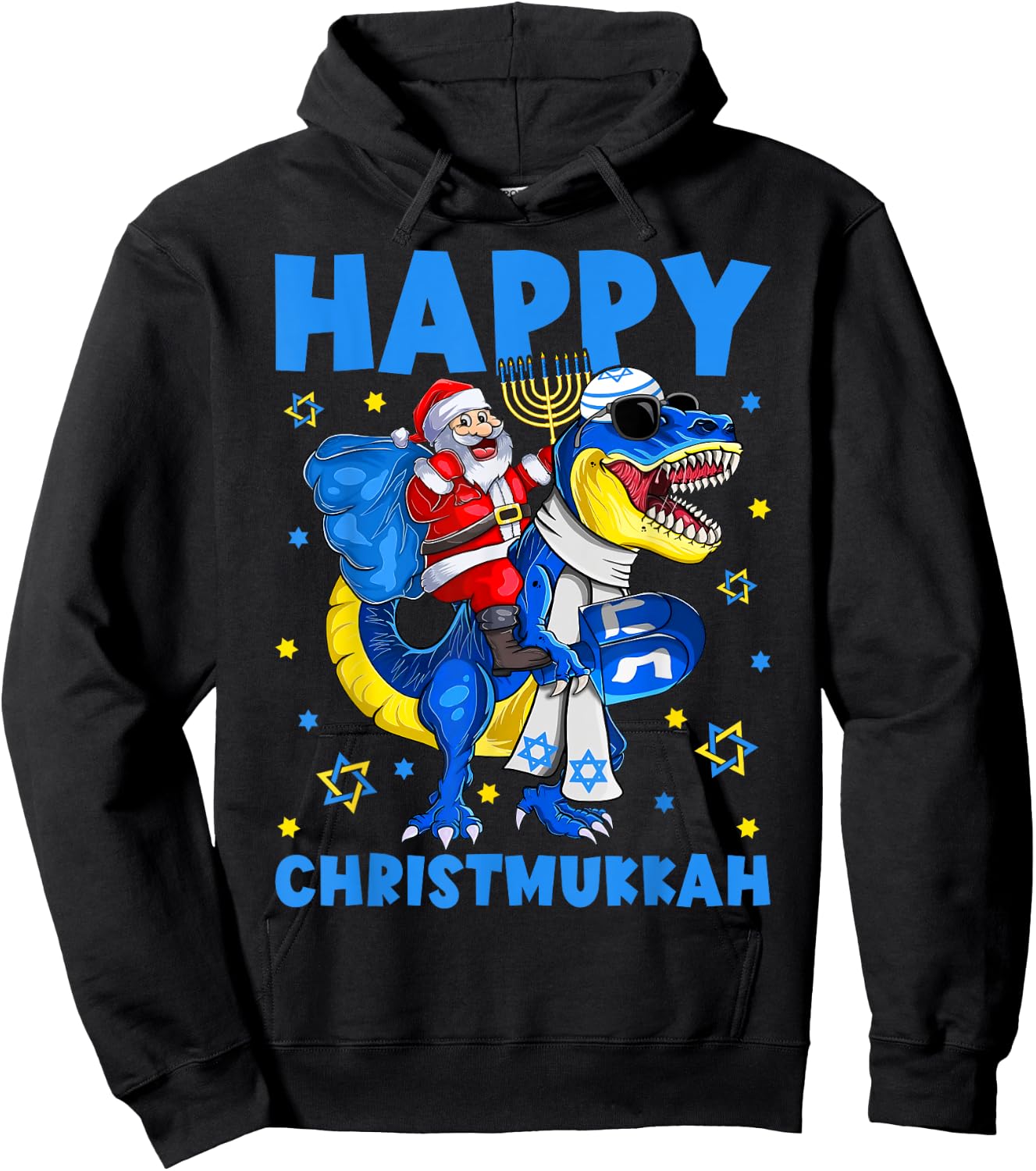 Happy Christmukkah Santa Rides Jewish T Rex Menorah Chanukah Hoodie - Hoodie | Black