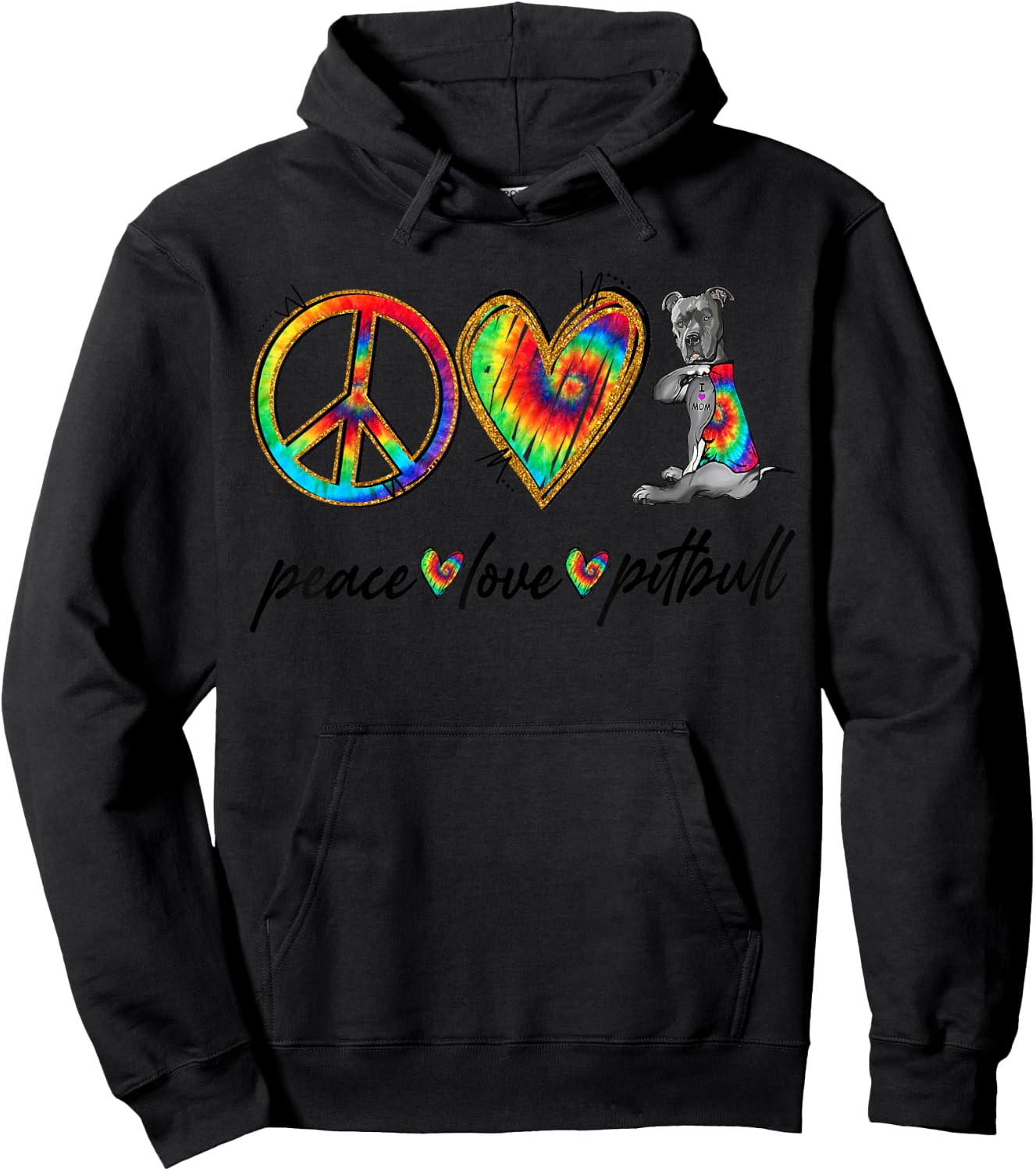 Peace Love Pitbull Tie Dye Rainbow Dog Lover Hoodie - Hoodie | Black