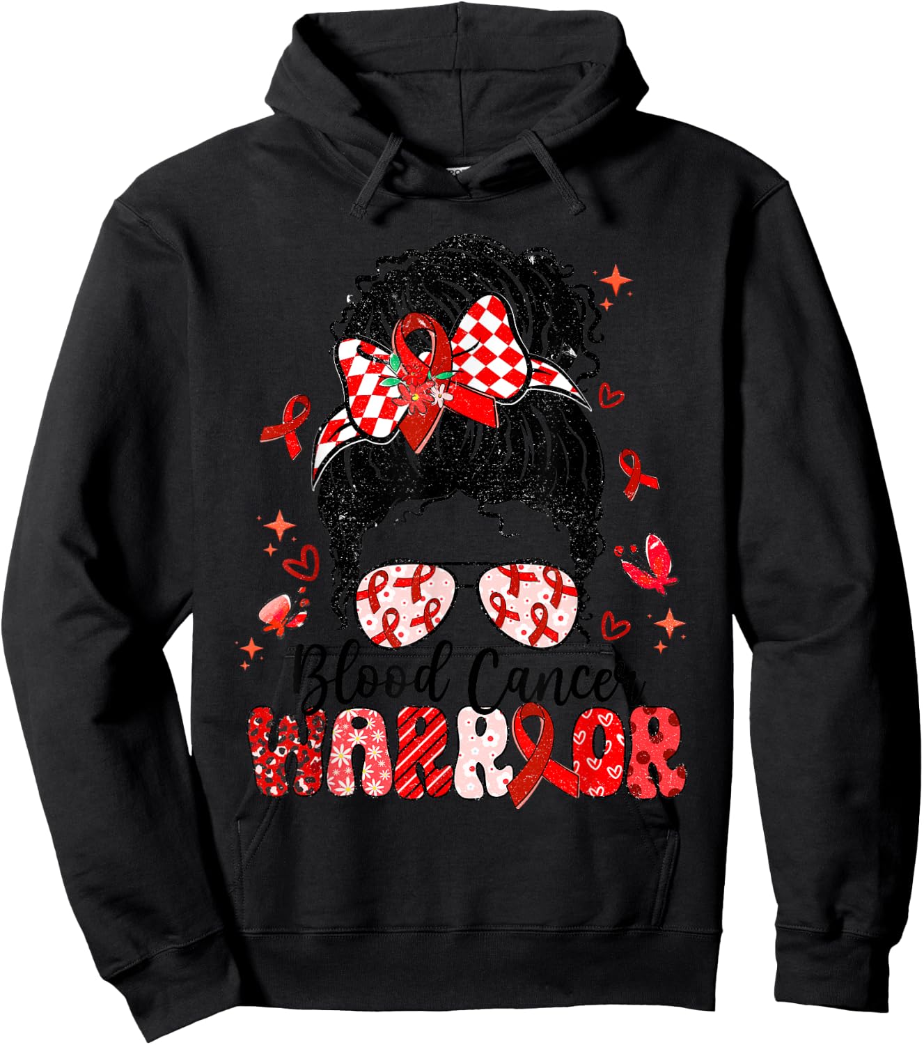 Warrior Messy Bun Red Ribbon Blood Cancer Awareness Hoodie - Hoodie | Black