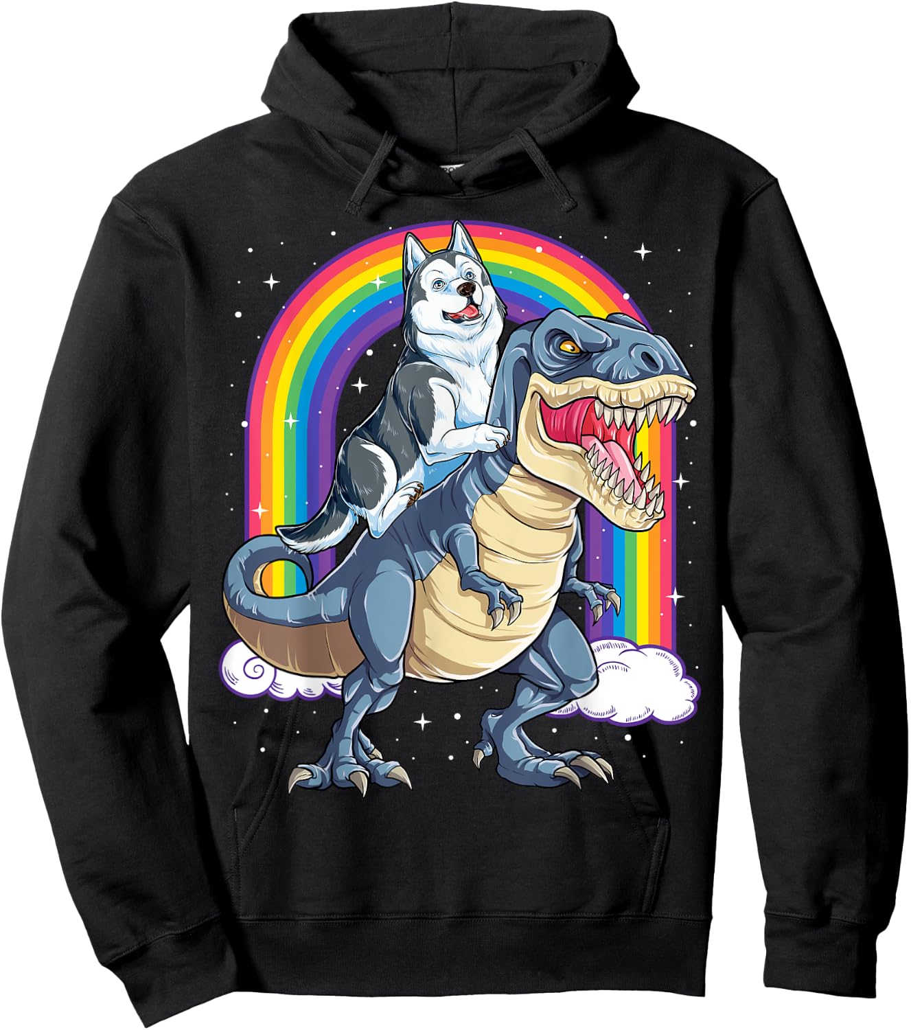 Siberian Husky Riding Dinosaur T-rex Gifts Boys Kids Rainbow Hoodie - Hoodie | Black