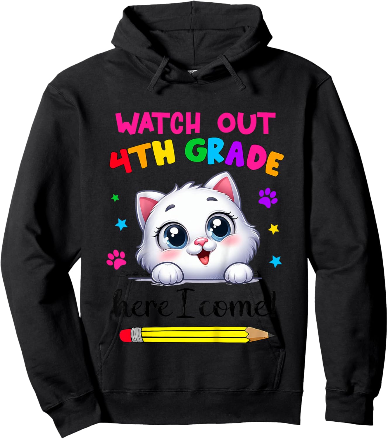 Kids Watch Out 4th Grade Here I Come Girls Cat Back To School Hoodie - Hoodie | Black