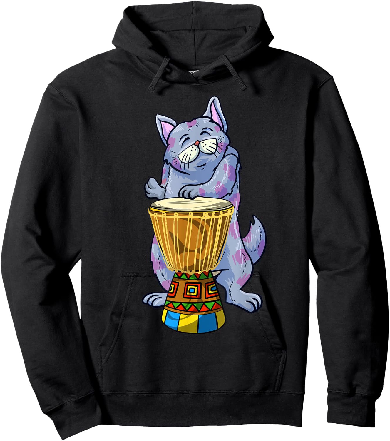 Funny Cat Playing Djembe Gift | Cute Kitten Musician Fan Hoodie - Hoodie | Black