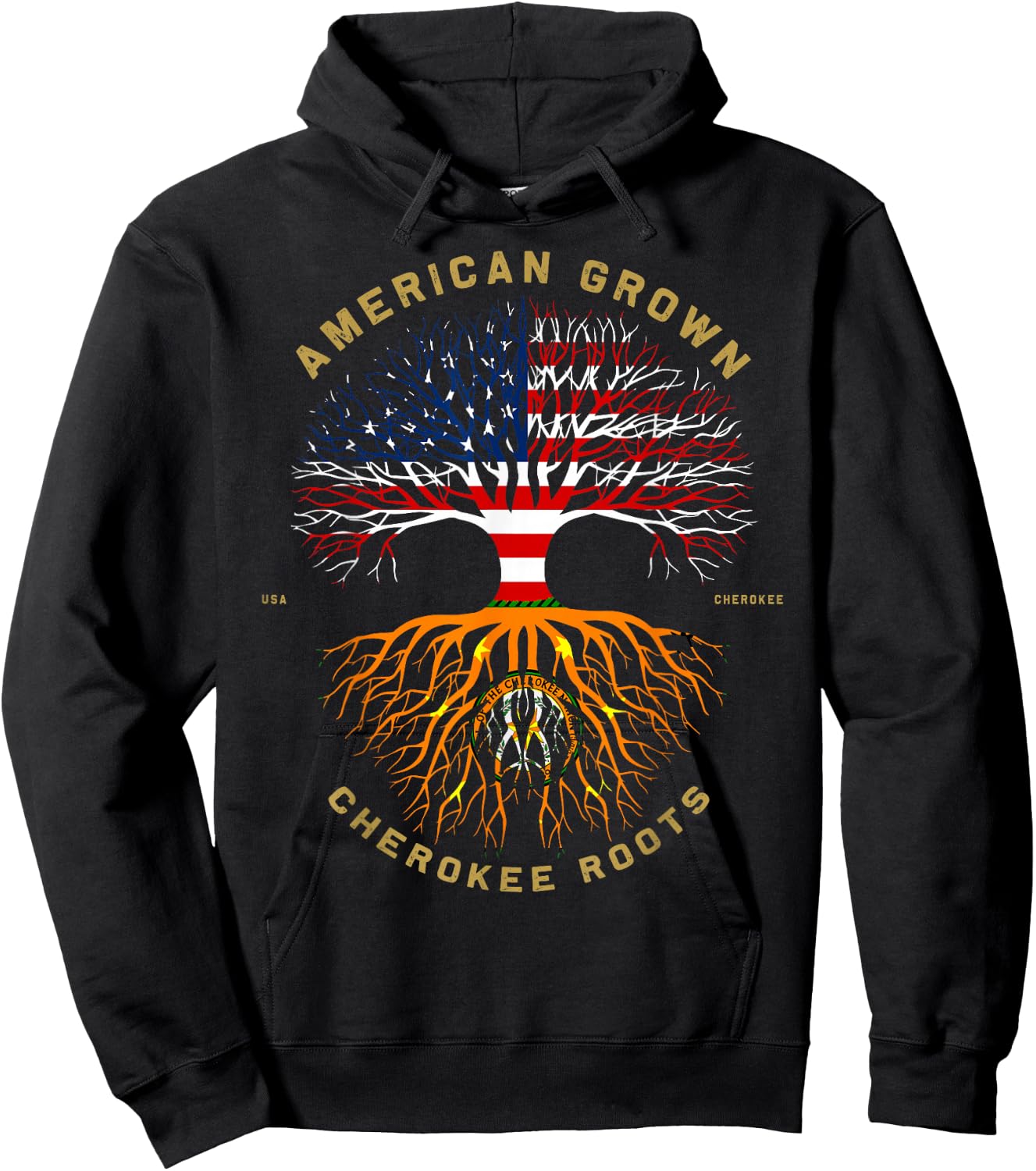 American Grown with Cherokee Roots Tree USA Flag Hoodie - Hoodie | Black