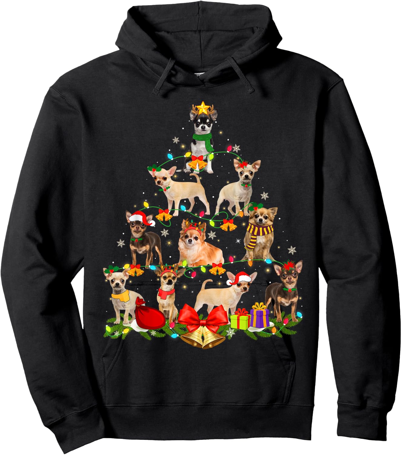 Dog Lover Chihuahua Tree Christmas Light Xmas Pajama Women Kids Hoodie - Hoodie | Black