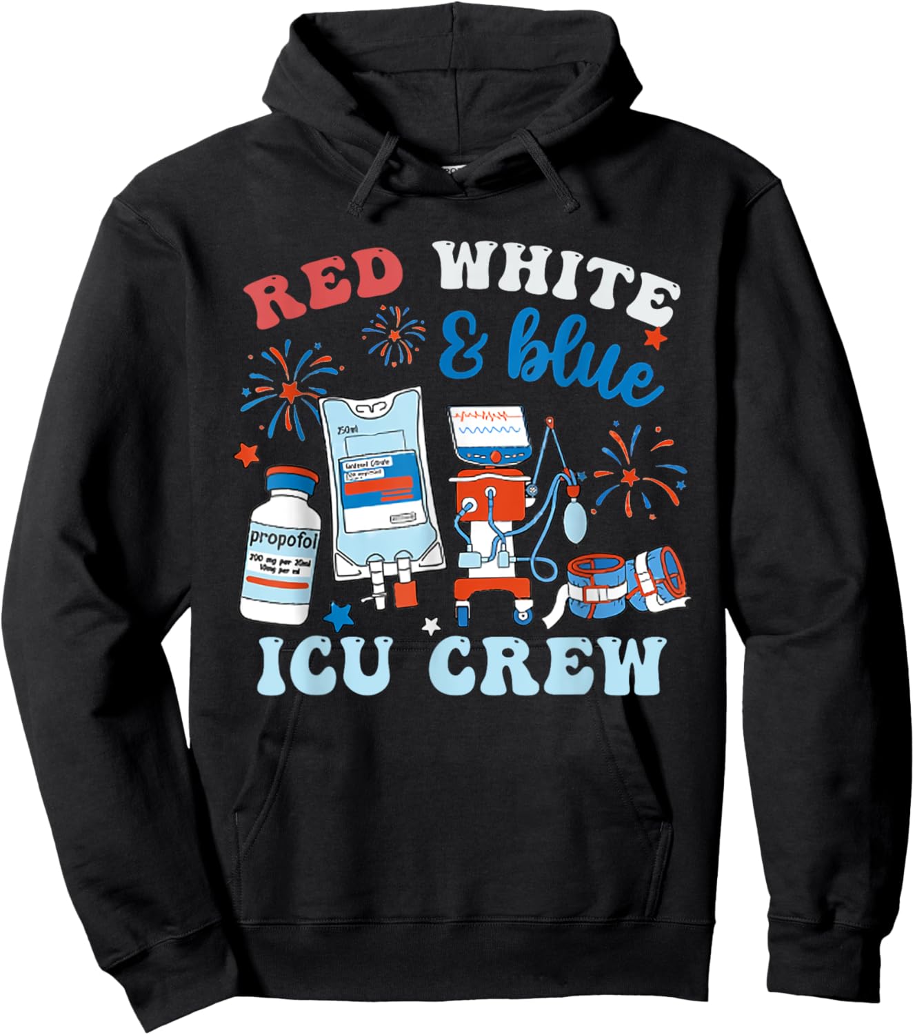 Red White Blue ICU Nurse Crew 4th of July Independence Day Women Men Hoodie - Hoodie | Black