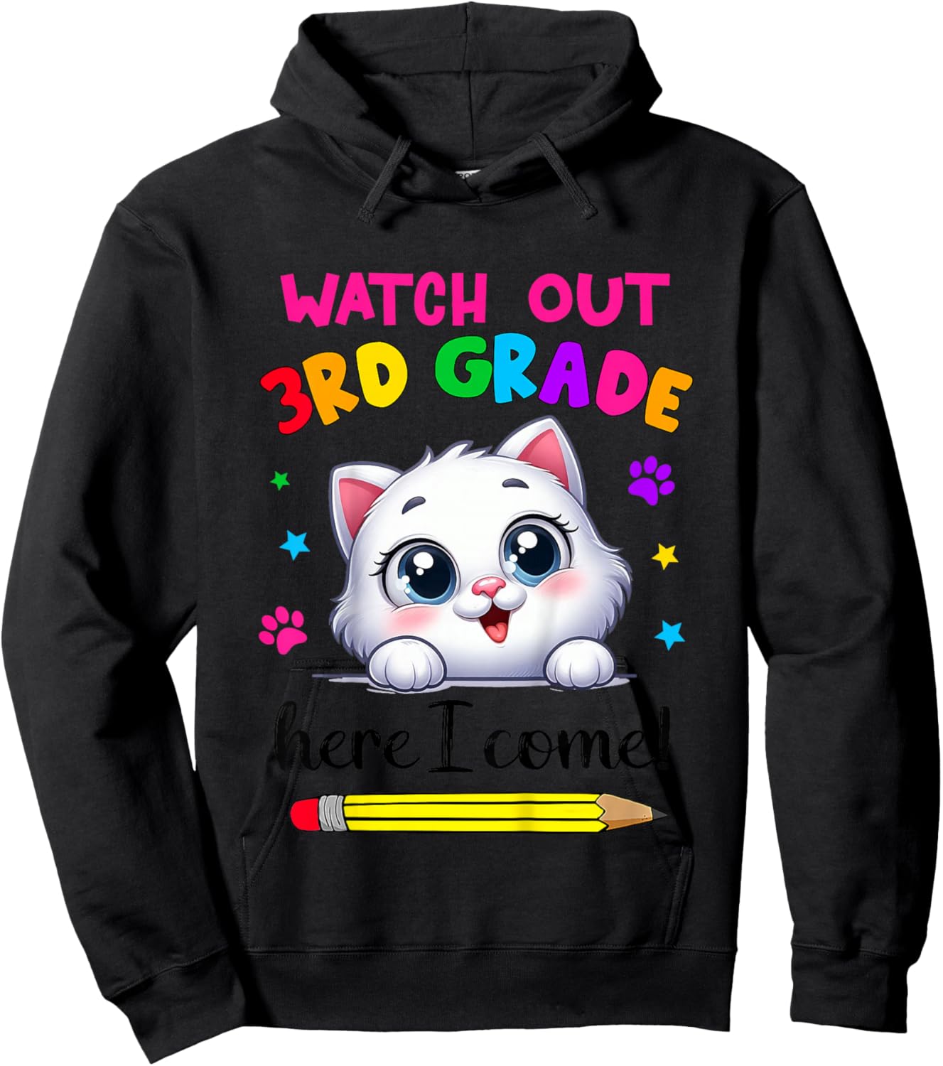 Watch Out 3rd Grade Here I Come Girls Cat Back To School Hoodie - Hoodie | Black