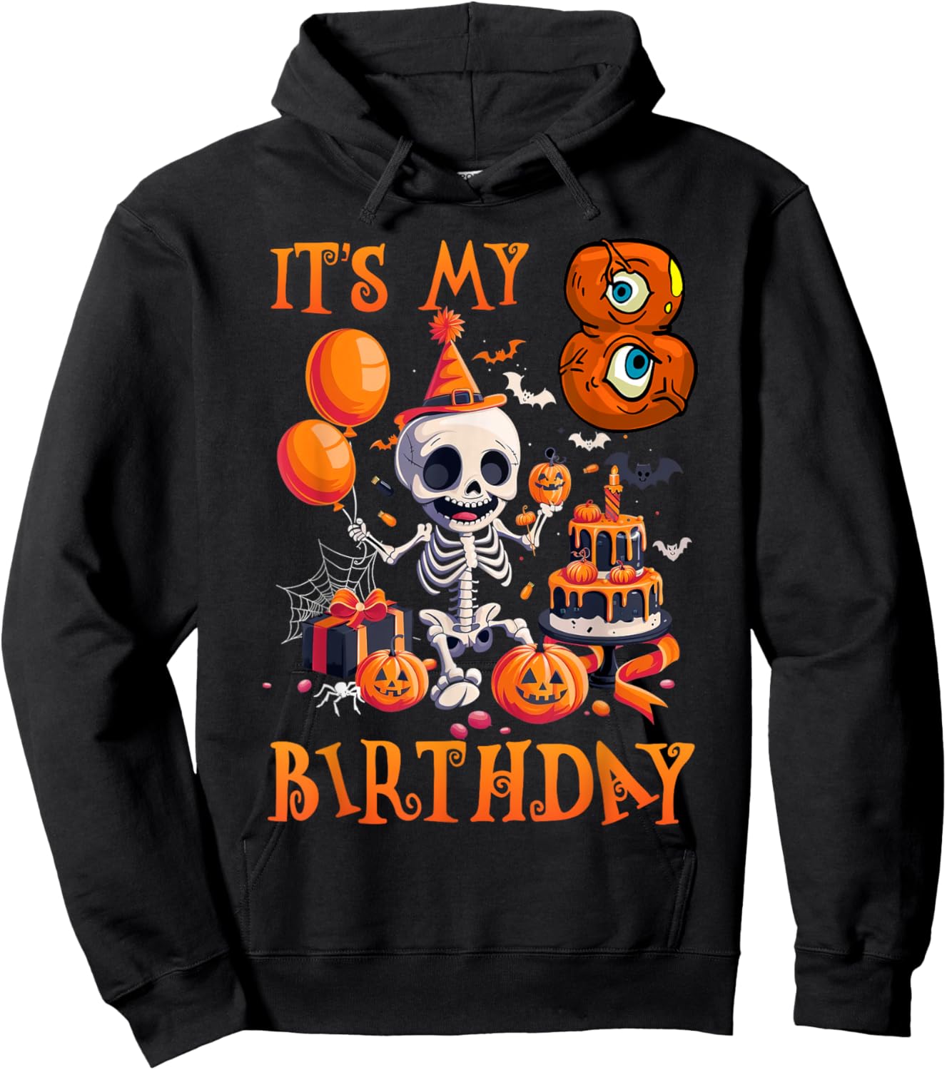Kids Boo It's My 8th Birthday Halloween Skeleton 8 Years Old Hoodie - Hoodie | Black