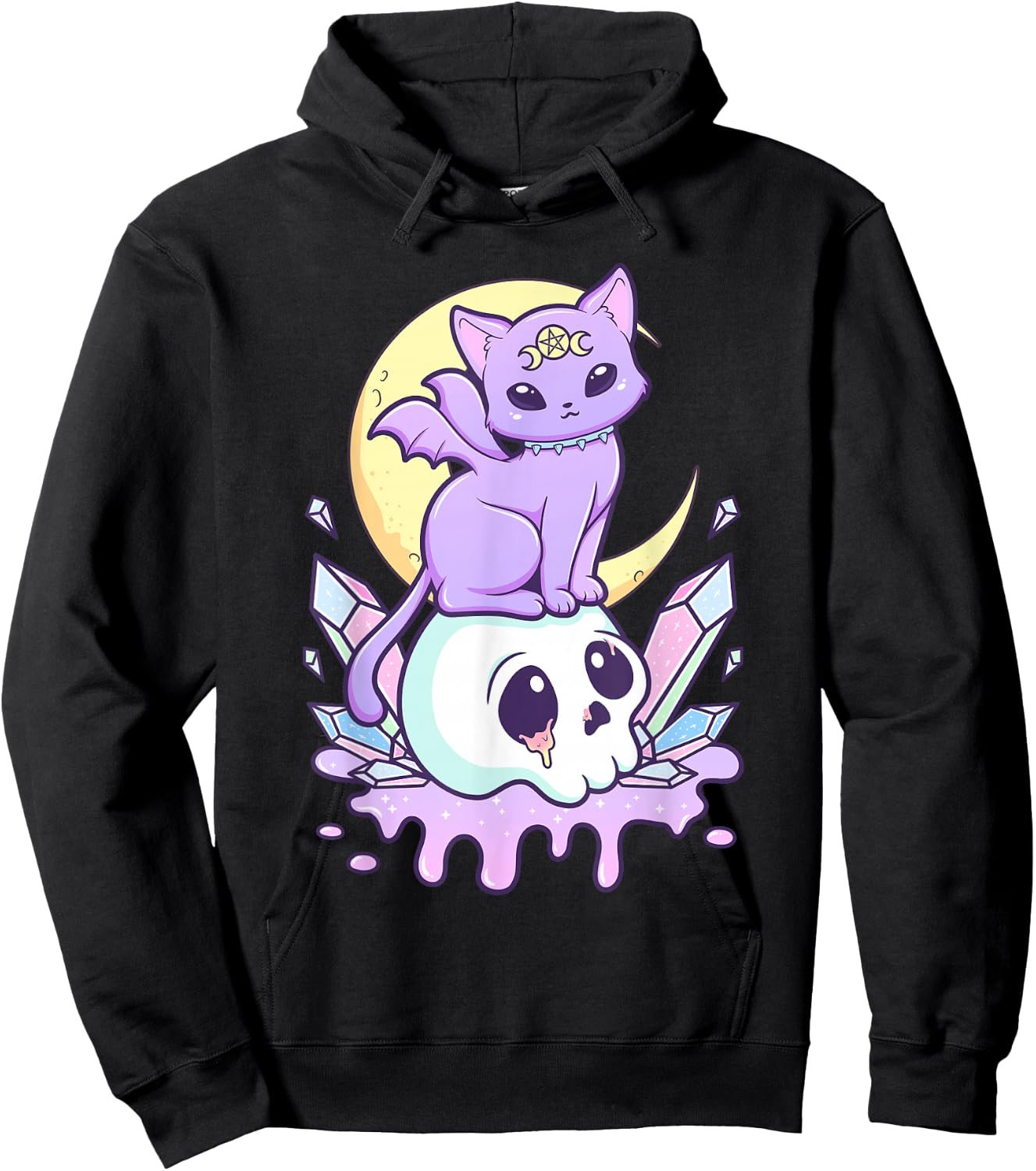Kawaii Pastel Goth Cute Scary Witchy Cat and Skull Hoodie - Hoodie | Black