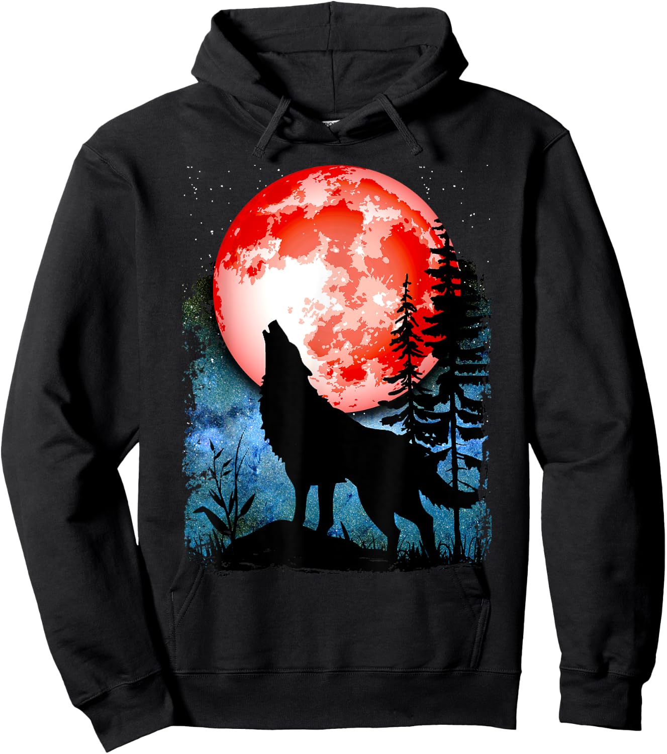 Wolf Howls Red Blood Moon Galaxy Star Night Hoodie - Hoodie | Black
