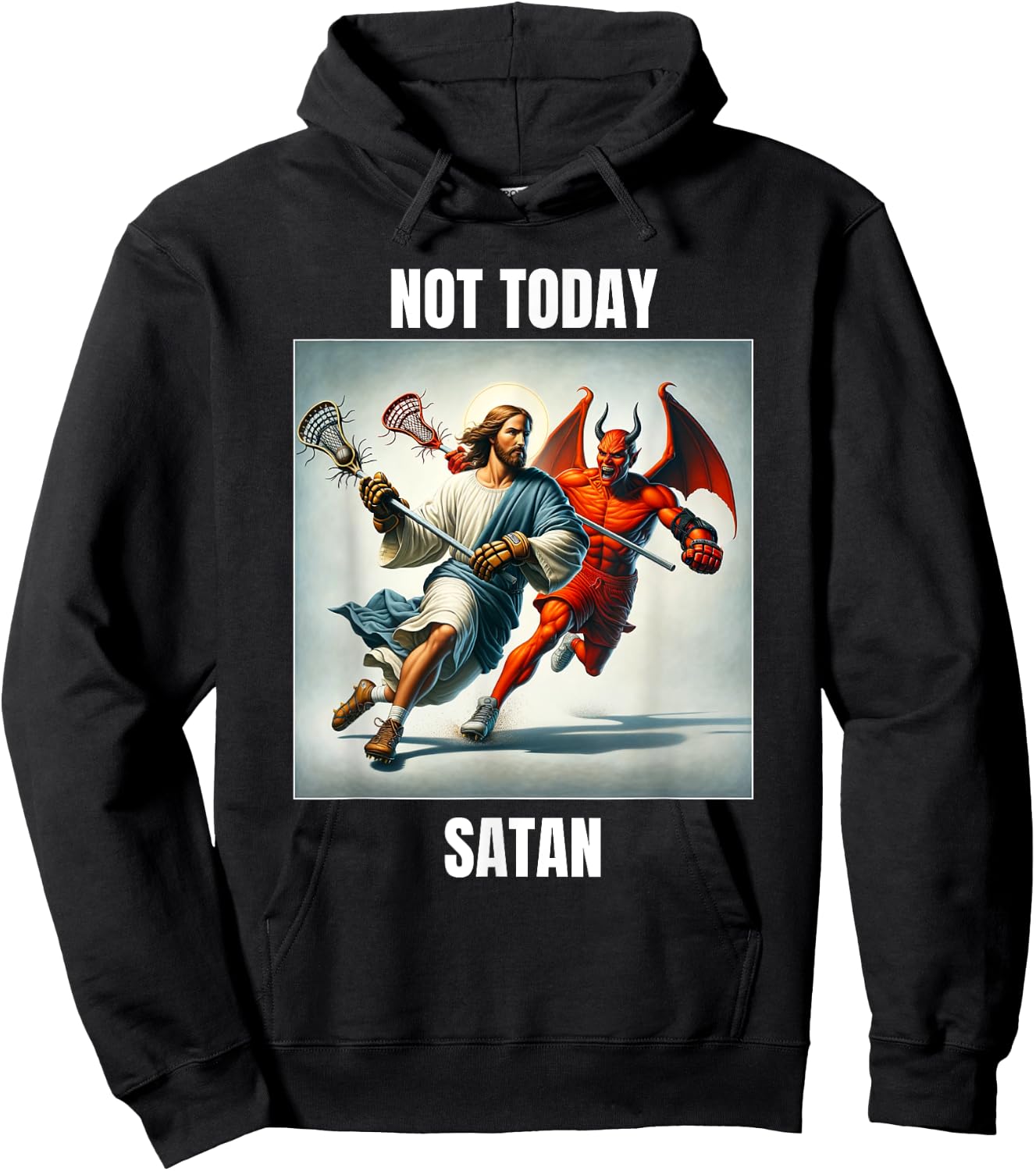 Jesus vs Satan Playing Lacrosse - Not Today Satan Hoodie - Hoodie | Black