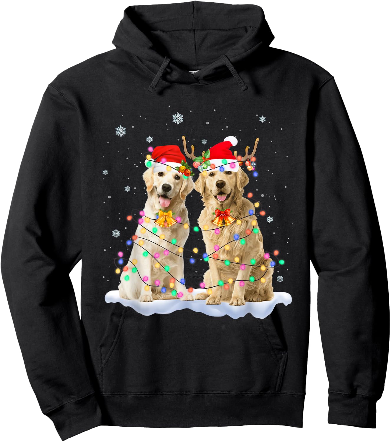 Golden Retriever Christmas Santa Hat Reindeer Lights Pajama Hoodie - Hoodie | Black