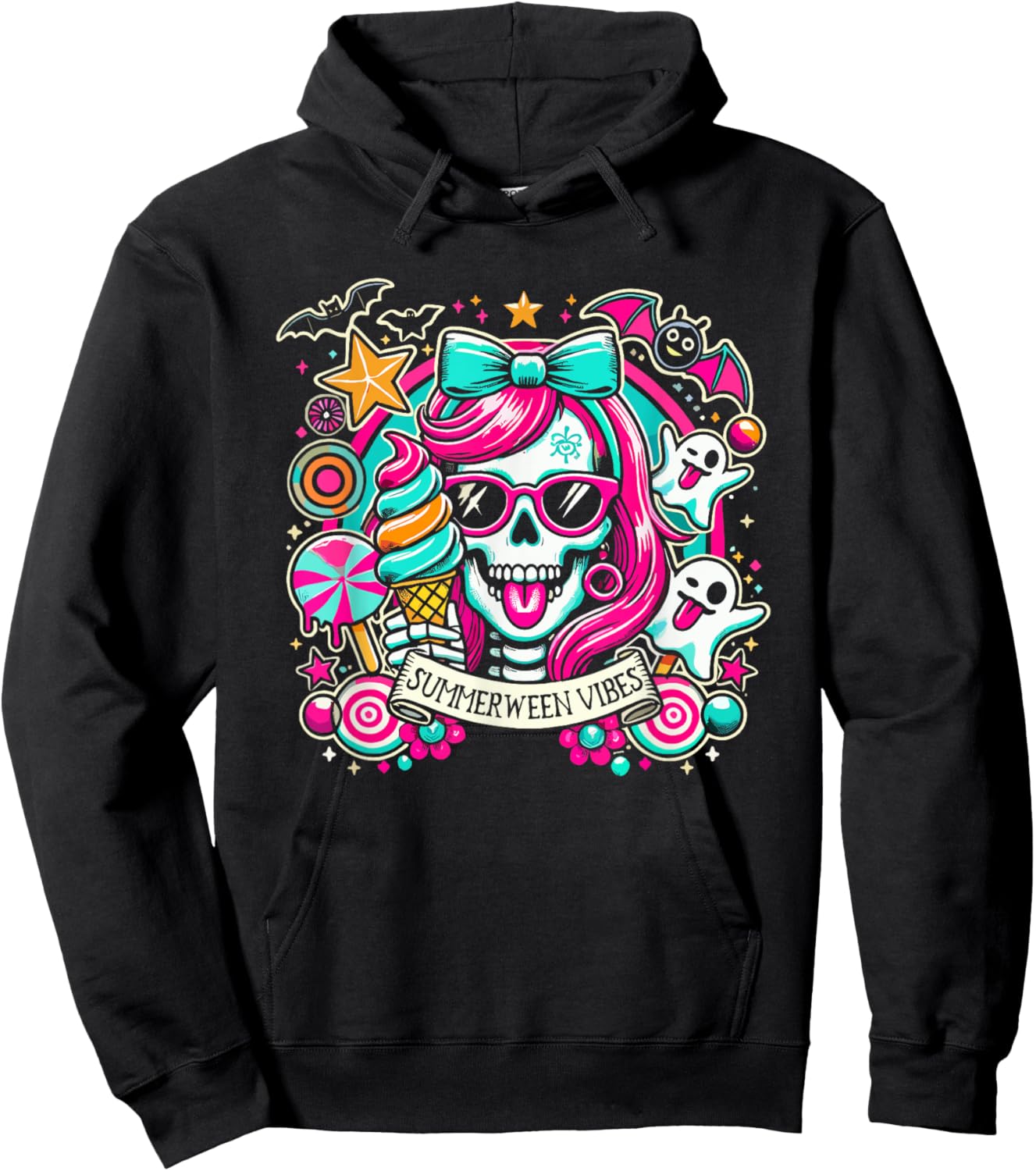 Summerween Vibes Skeleton Spooky Vacation Halloween Summer Women Kids Hoodie - Hoodie | Black