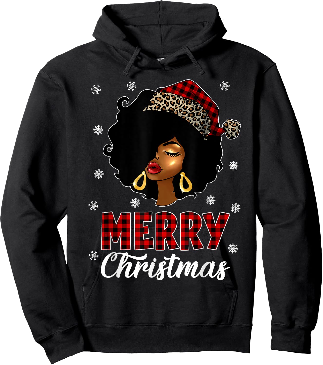 African American Afro Woman Santa Hat Merry Christmas Hoodie - Hoodie | Black