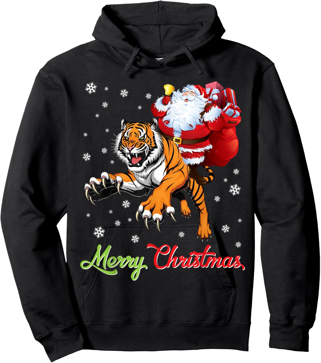 Santa Claus With Xmas Gift Riding Tiger Merry Christmas Day Hoodie - Hoodie | Black