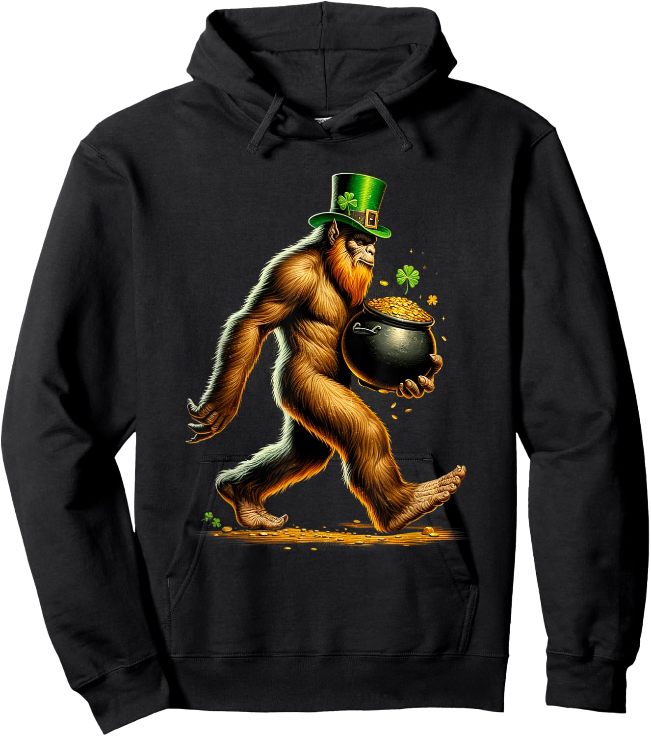 Happy St Patrick's Day Funny Bigfoot Sasquatch Shamrock Gold Hoodie - Hoodie | Black