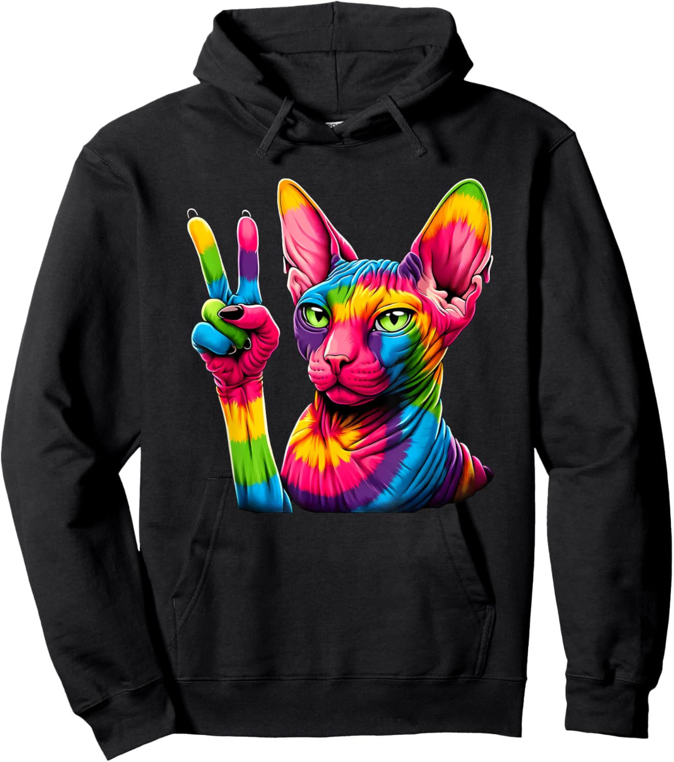 Peace Sign Tie Dye Hairless Sphinx Cat Hoodie - Hoodie | Black