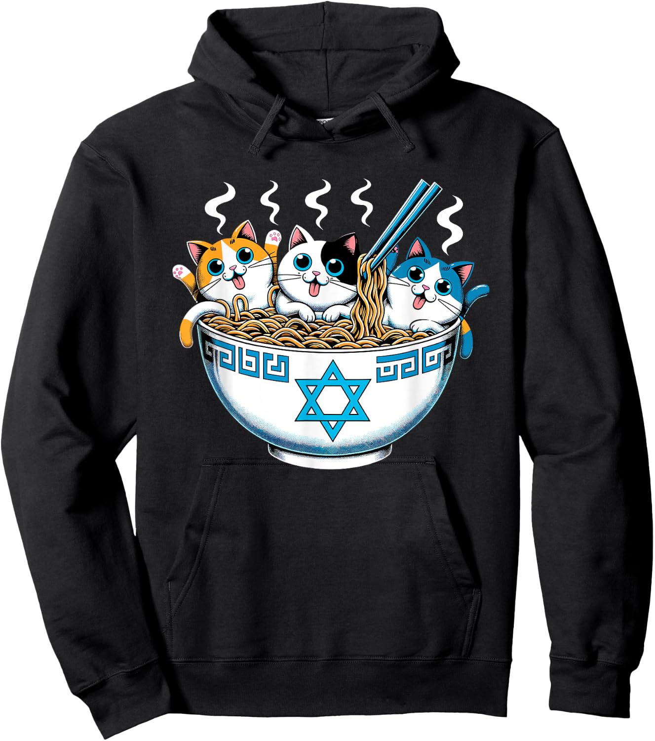 Jewish Cats Ramen Kitten Anime Hanukkah Pajamas Chanukah PJs Hoodie - Hoodie | Black