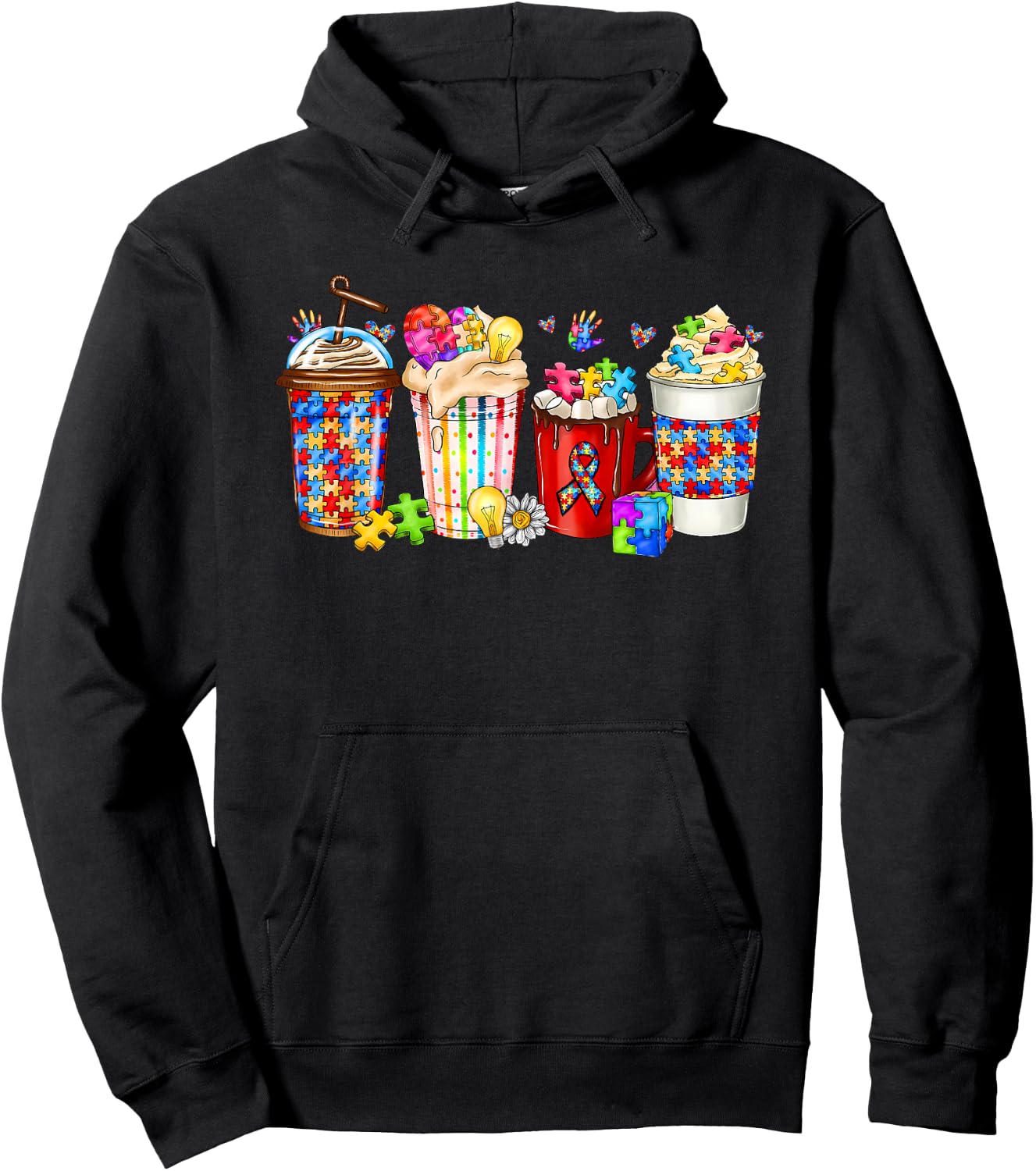 Autism Coffee Cups Puzzle Piece Autism Awareness Mom Women Hoodie - Hoodie | Black