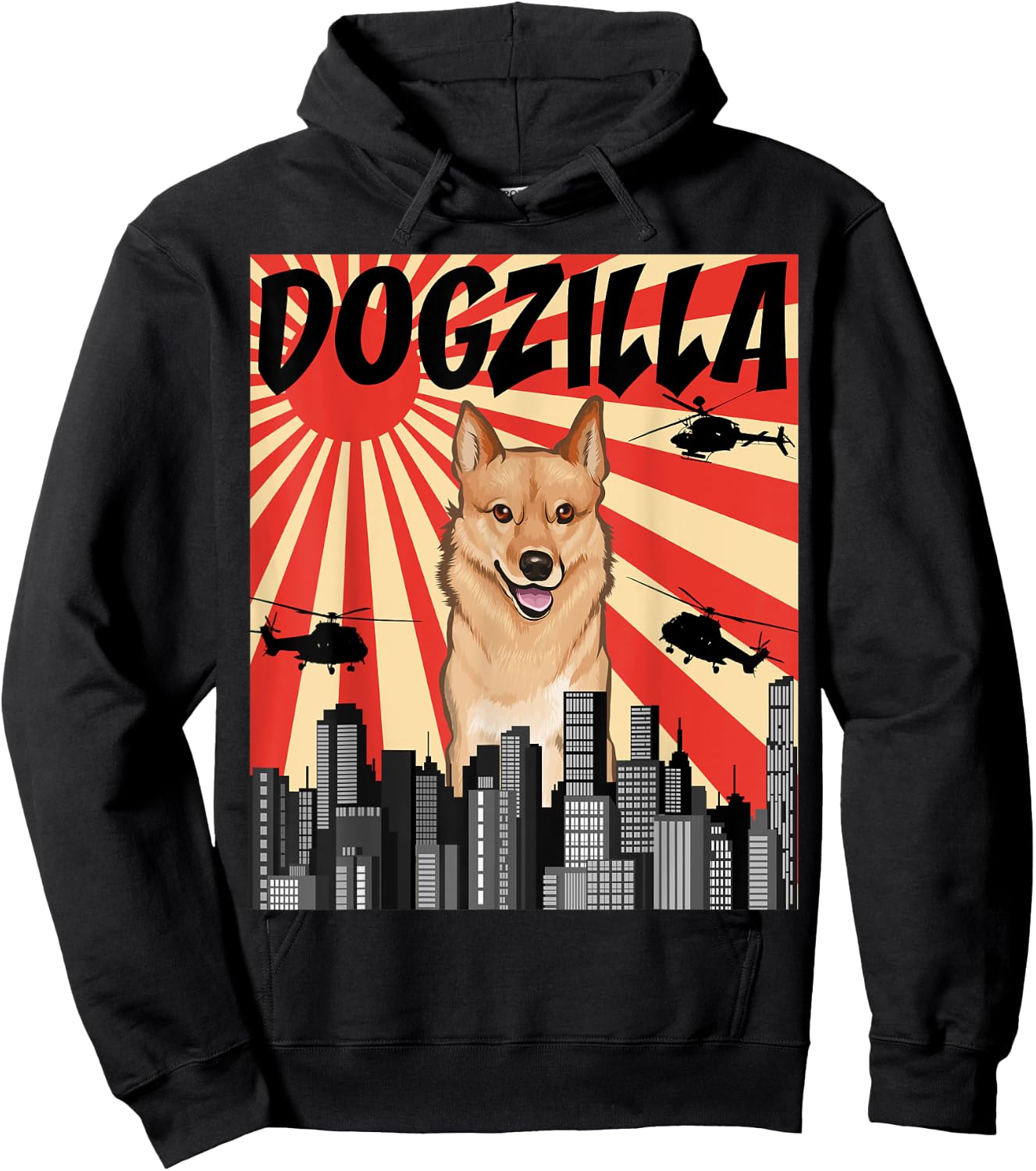 Funny Retro Japanese Dogzilla Finnish Spitz Hoodie - Hoodie | Black