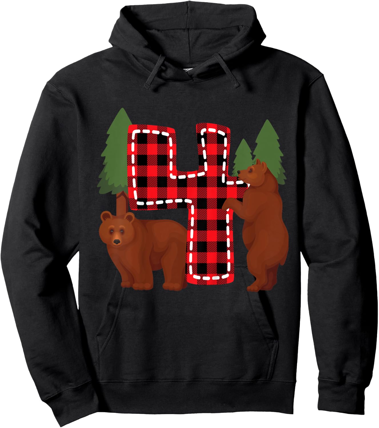 Kids 4 Year Old Lumberjack Birthday Party Bear Plaid Boy 4th Gift Hoodie - Hoodie | Black