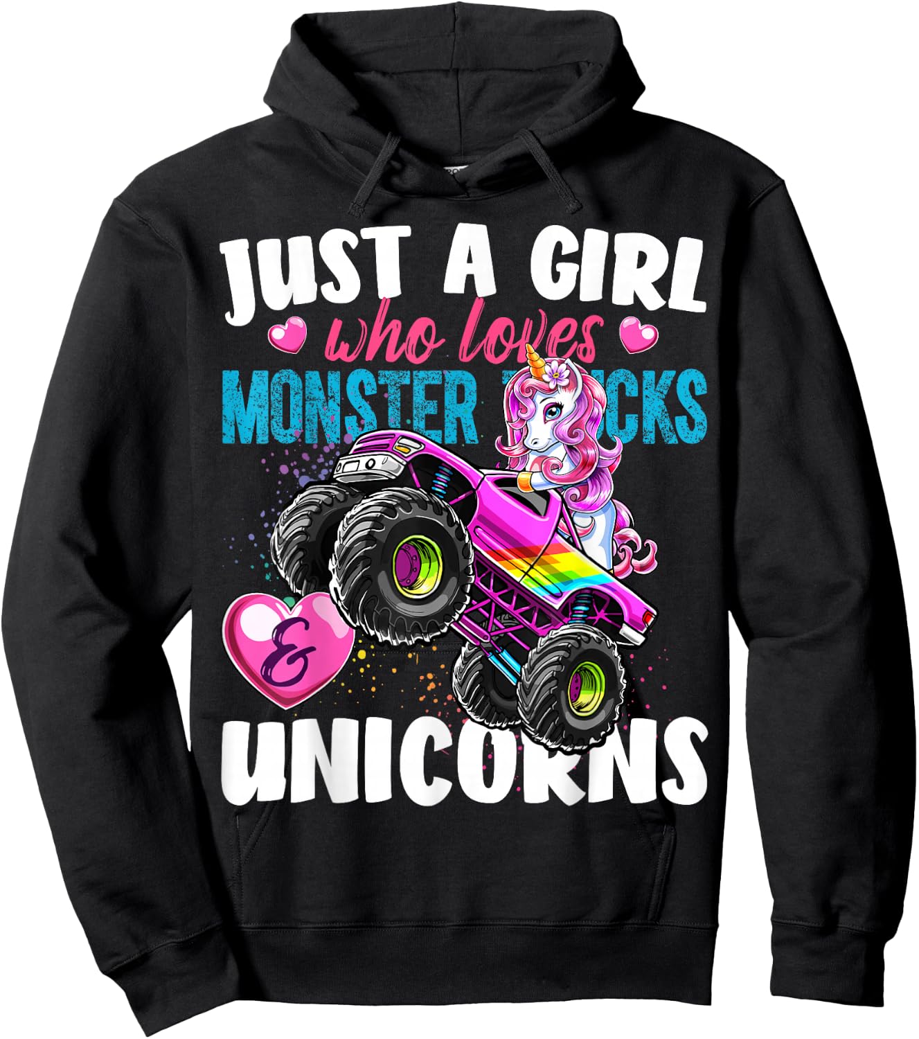 Just a Girl Who Loves Monster Trucks and Unicorns Gift Girls Hoodie - Hoodie | Black