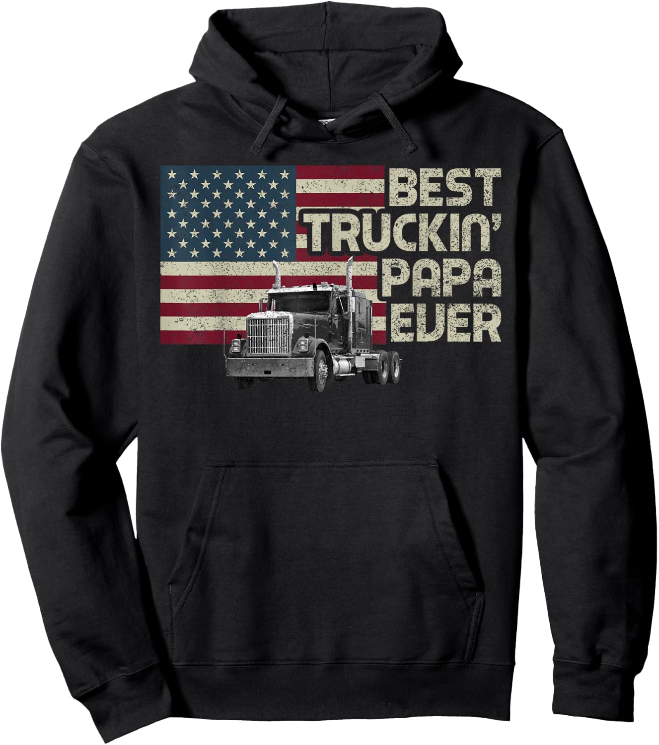 Best Truckin' Papa Ever Funny Trucker US Flag Vintage Retro Hoodie - Hoodie | Black