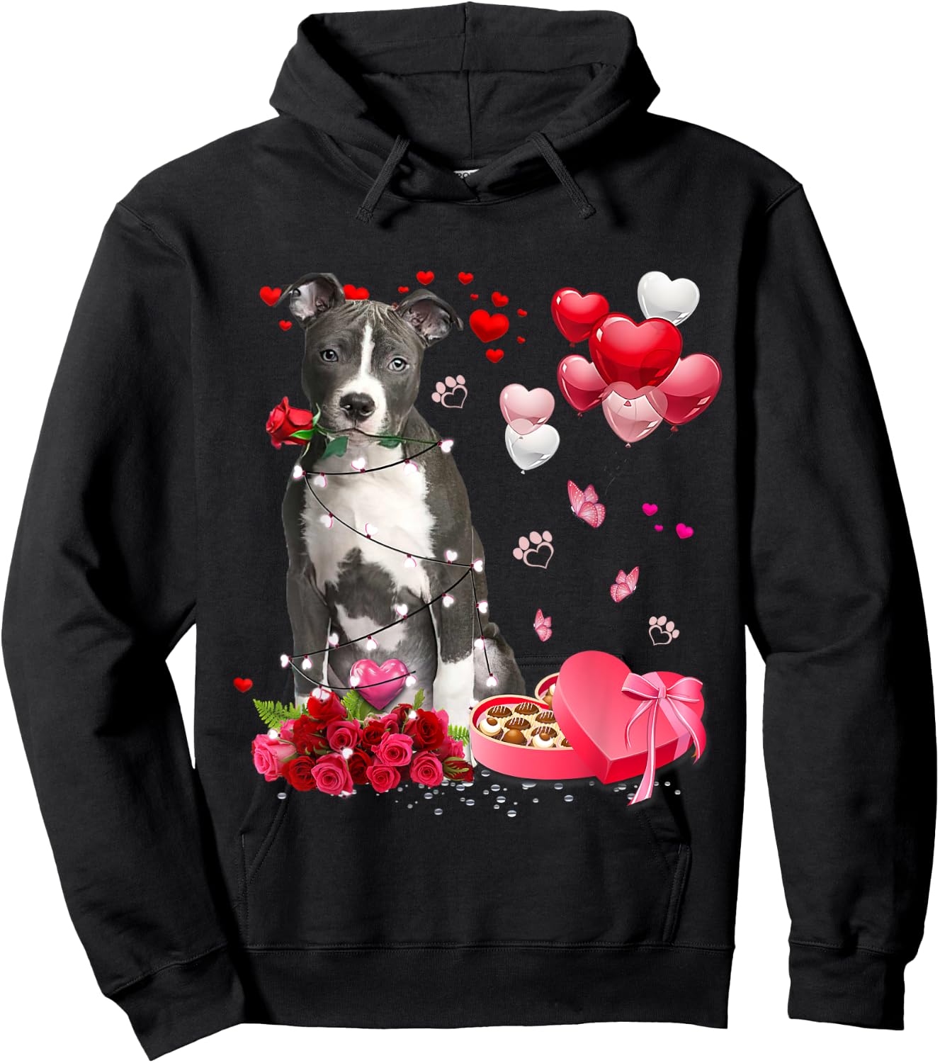 Funny Pitbull Rose Heart Happy Valentine Day Dog Mom Men Women Kids Hoodie - Hoodie | Black