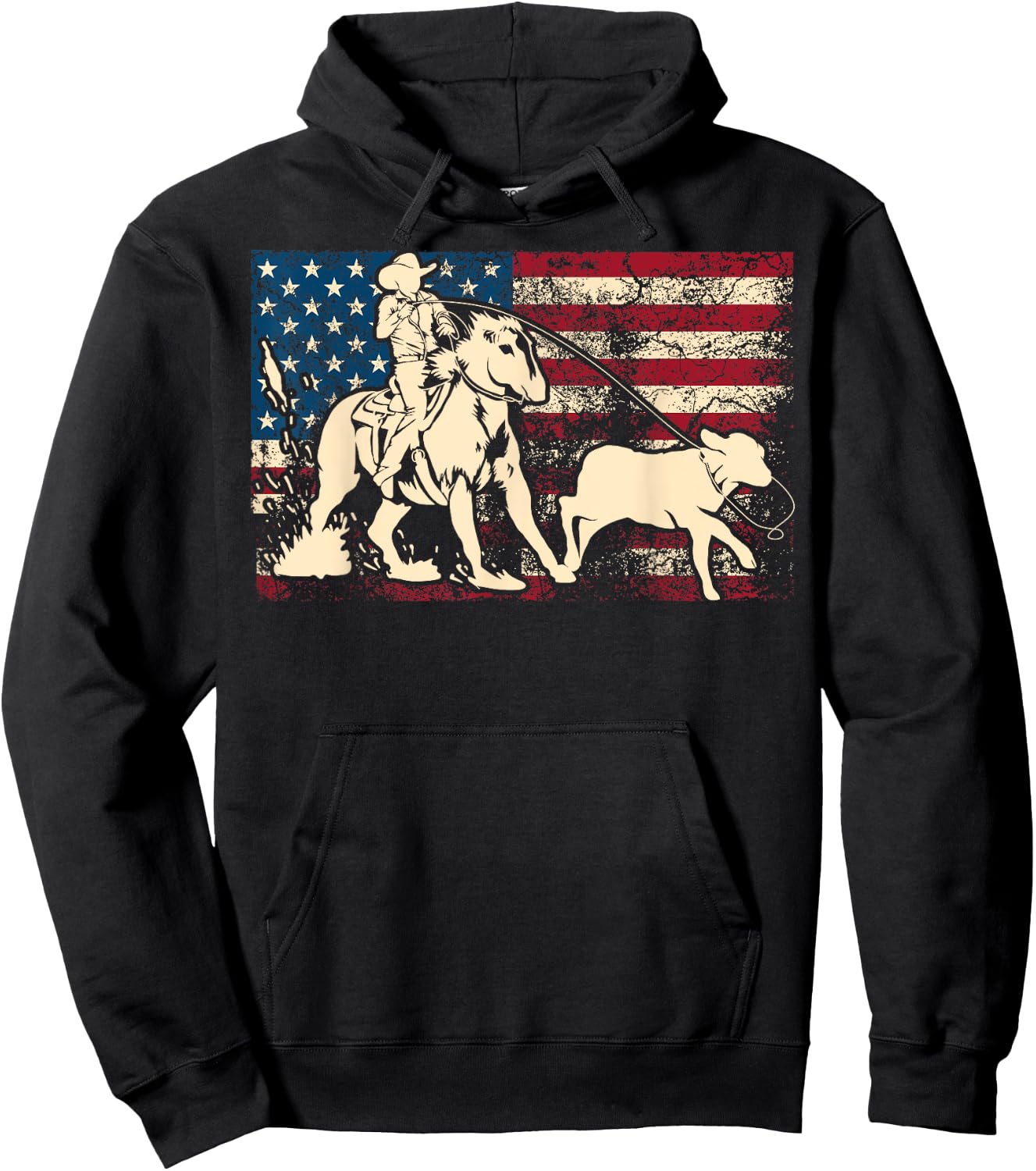Funny Team Roping Rodeo Gift US Flag Cool Cowboy Men Women Hoodie - Hoodie | Black