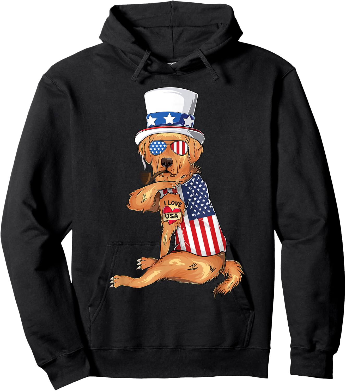 golden retriever dog Merica 4th of july usa american flag Hoodie - Hoodie | Black