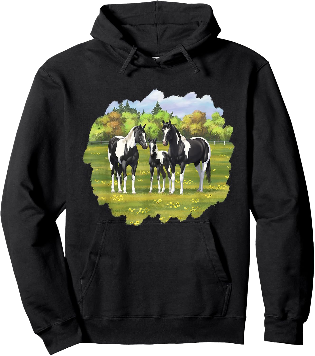 Beautiful Black Pinto Paint Horses In Summer Pasture Men Women Kids Hoodie - Hoodie | Black