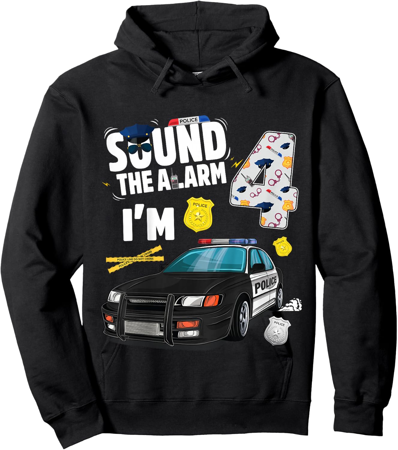 Kids Police Car 4th Birthday Boy 4 year old Cop Policeman Officer Hoodie - Hoodie | Black