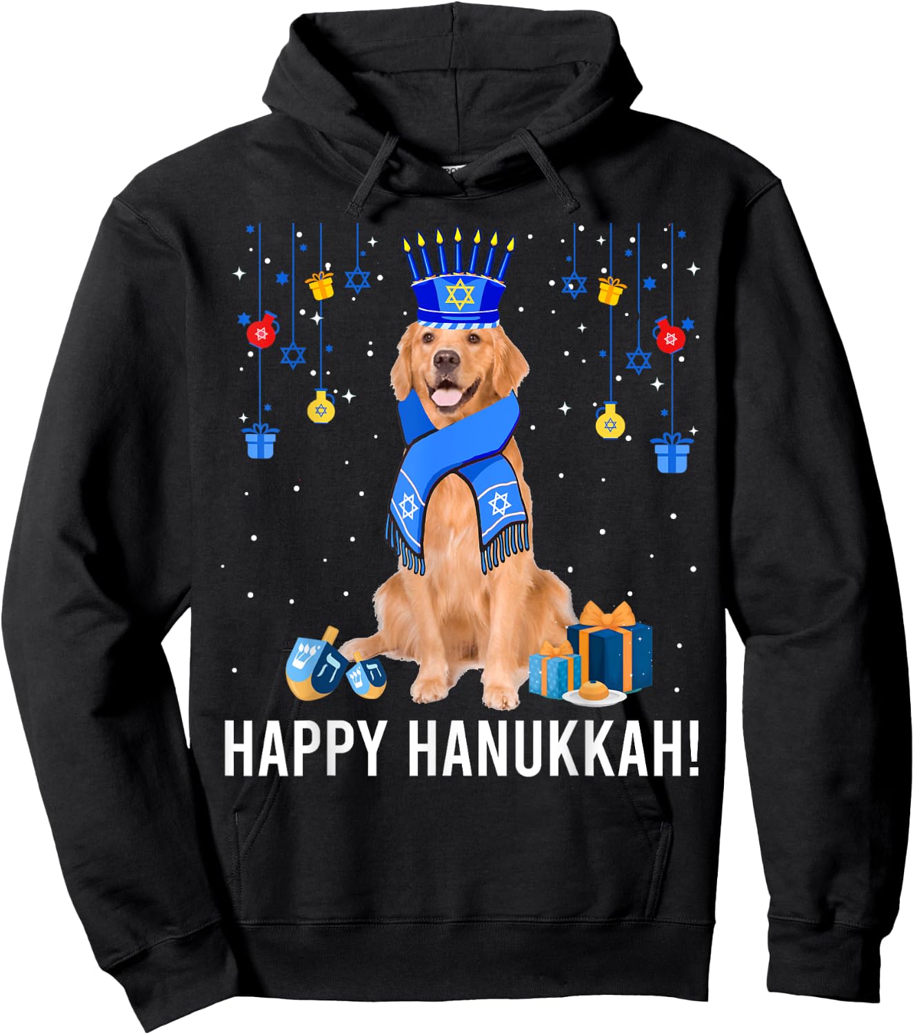 Golden Retriever Menorah Hat Christmas Happy Hanukkah Jewish Hoodie - Hoodie | Black