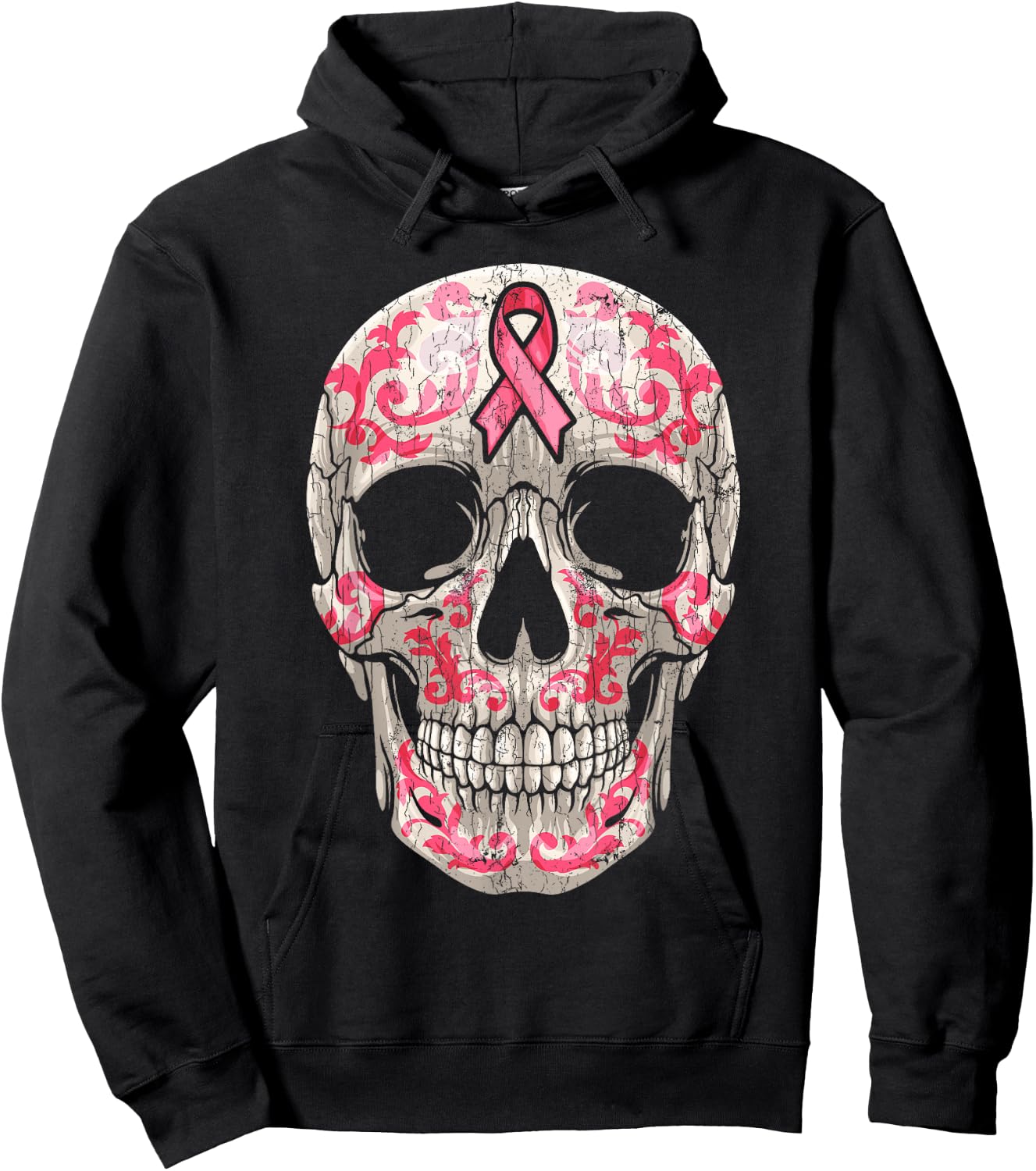 Breast Cancer Awareness Graphic Ribbon Sugar Skull Calavera Hoodie - Hoodie | Black
