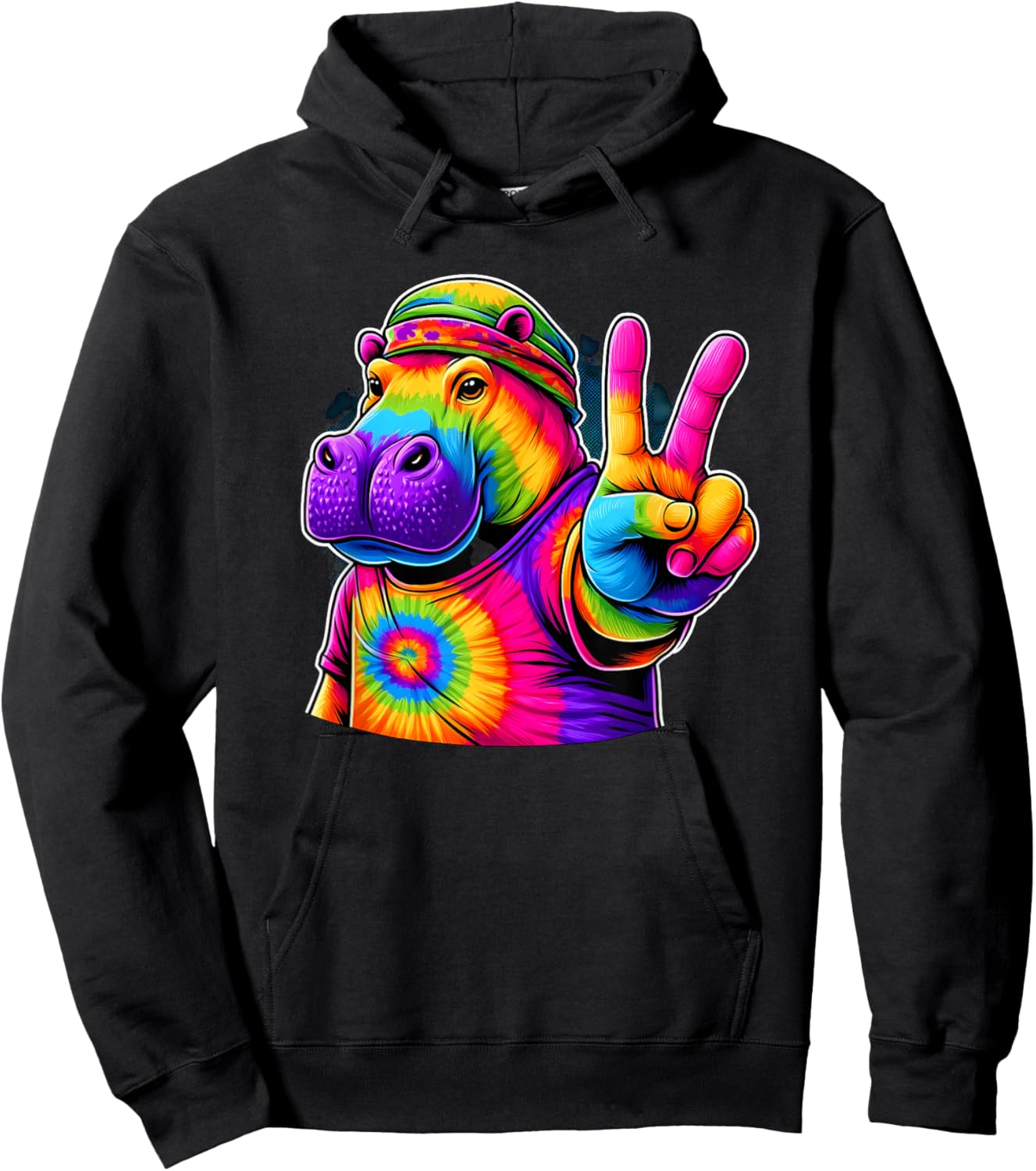 Peace Sign Tie Dye Hippo Hoodie - Hoodie | Black