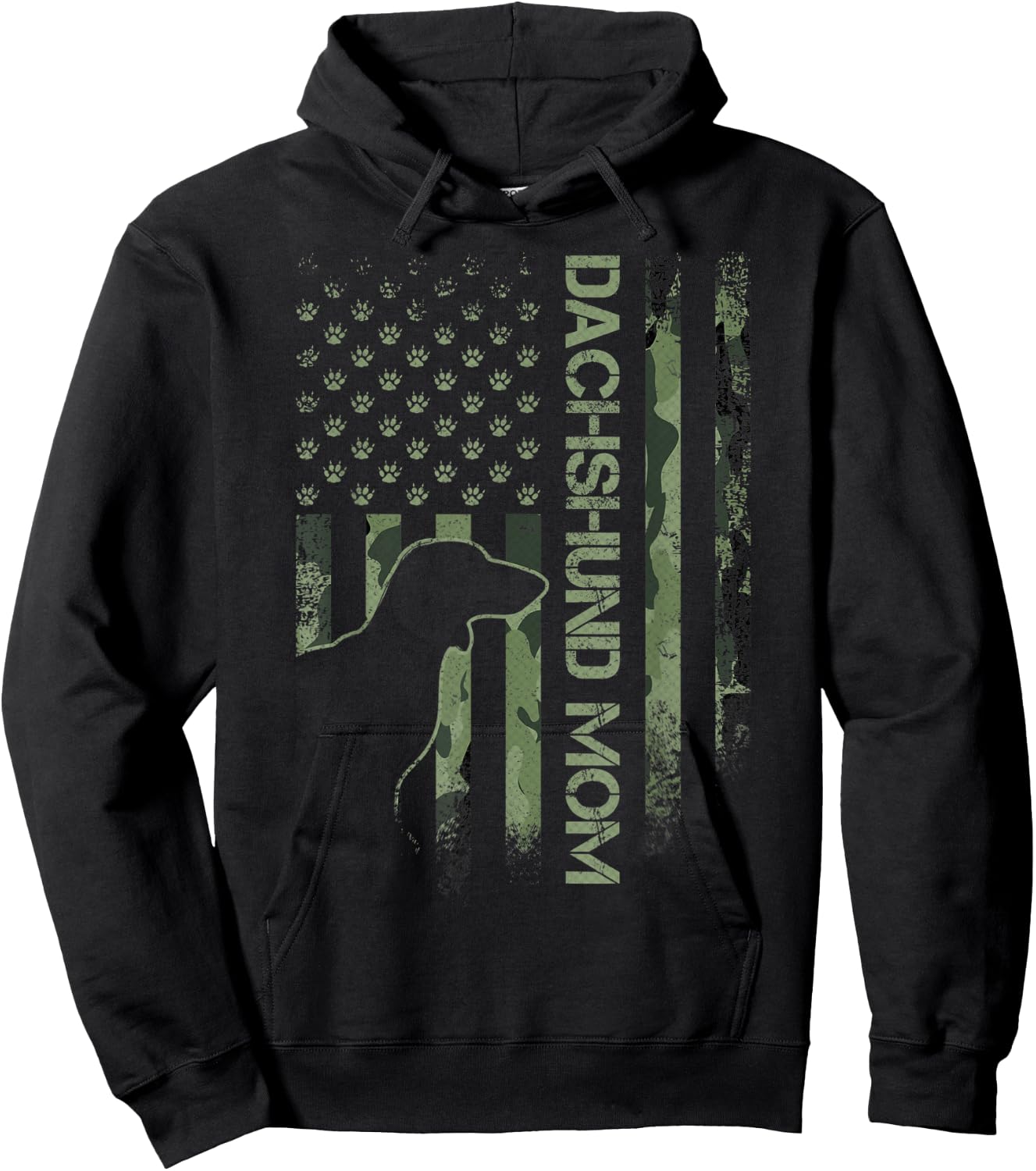 Vintage USA Camo Flag Proud Dachshund Mom Wiener Silhouette Hoodie - Hoodie | Black