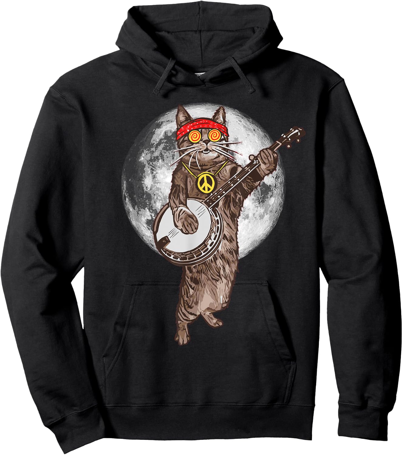 Psychedelic Hippie Banjo Cat! Funny Bluegrass Music Hoodie - Hoodie | Black