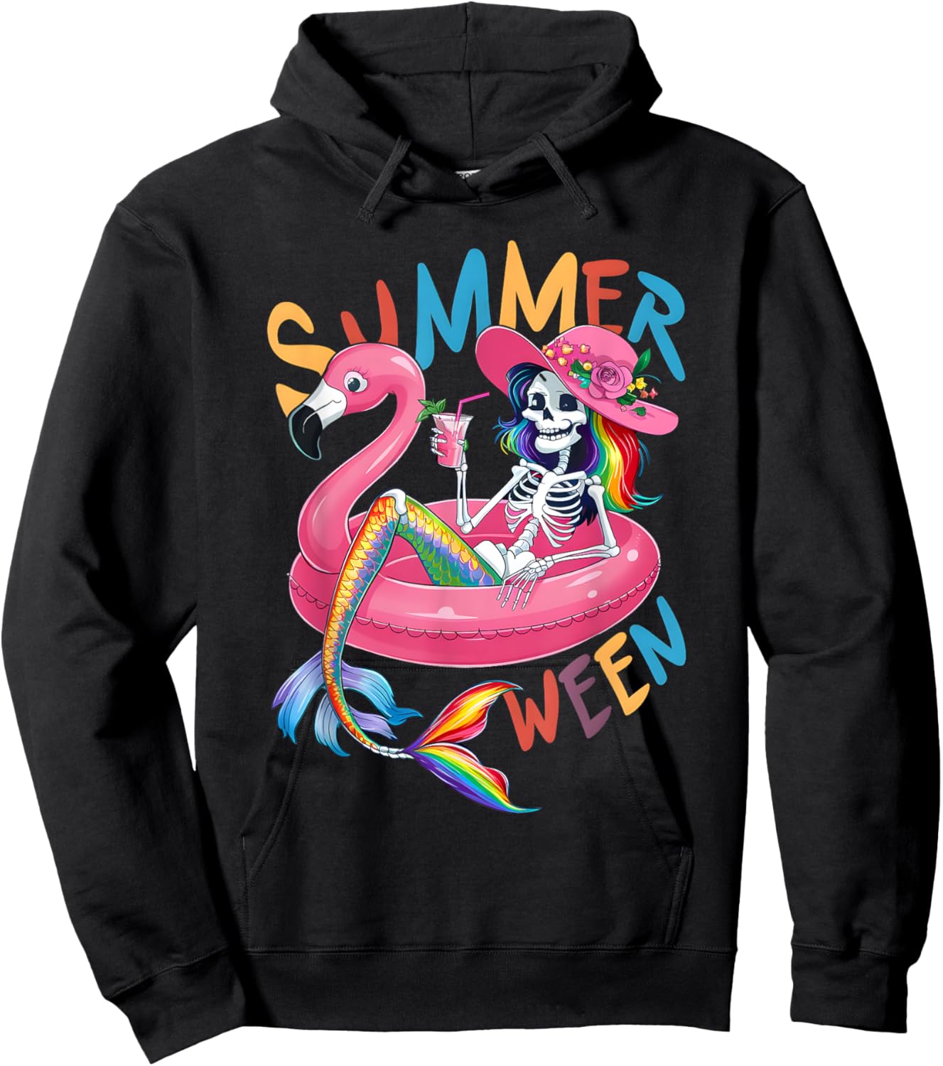 Summerween Mermaid Skeleton Flamingo Summer Halloween Women Hoodie - Hoodie | Black