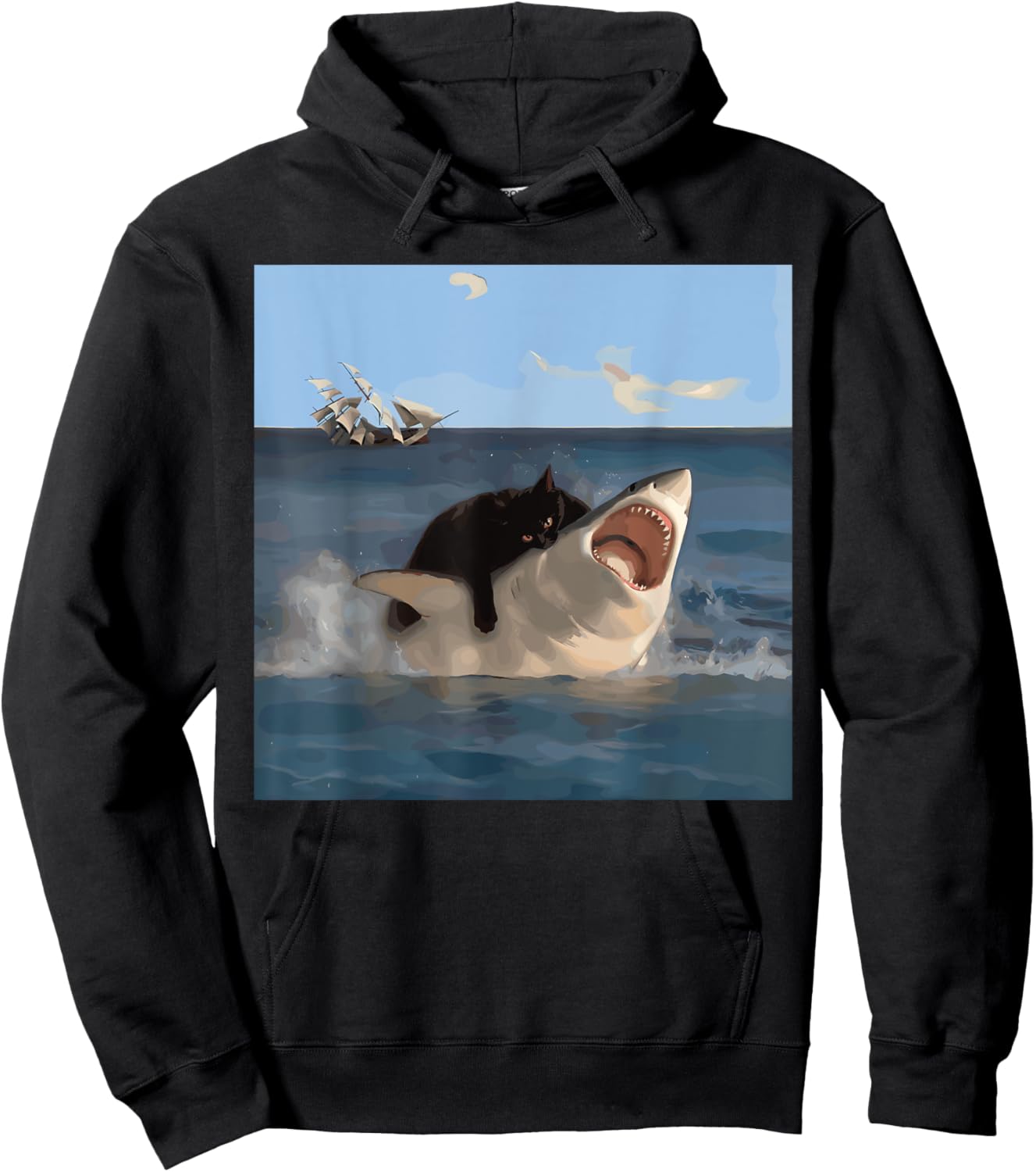 Cat Biting Shark Humorous Playful Funny Cat and Shark , Small, Black Hoodie - Hoodie | Black