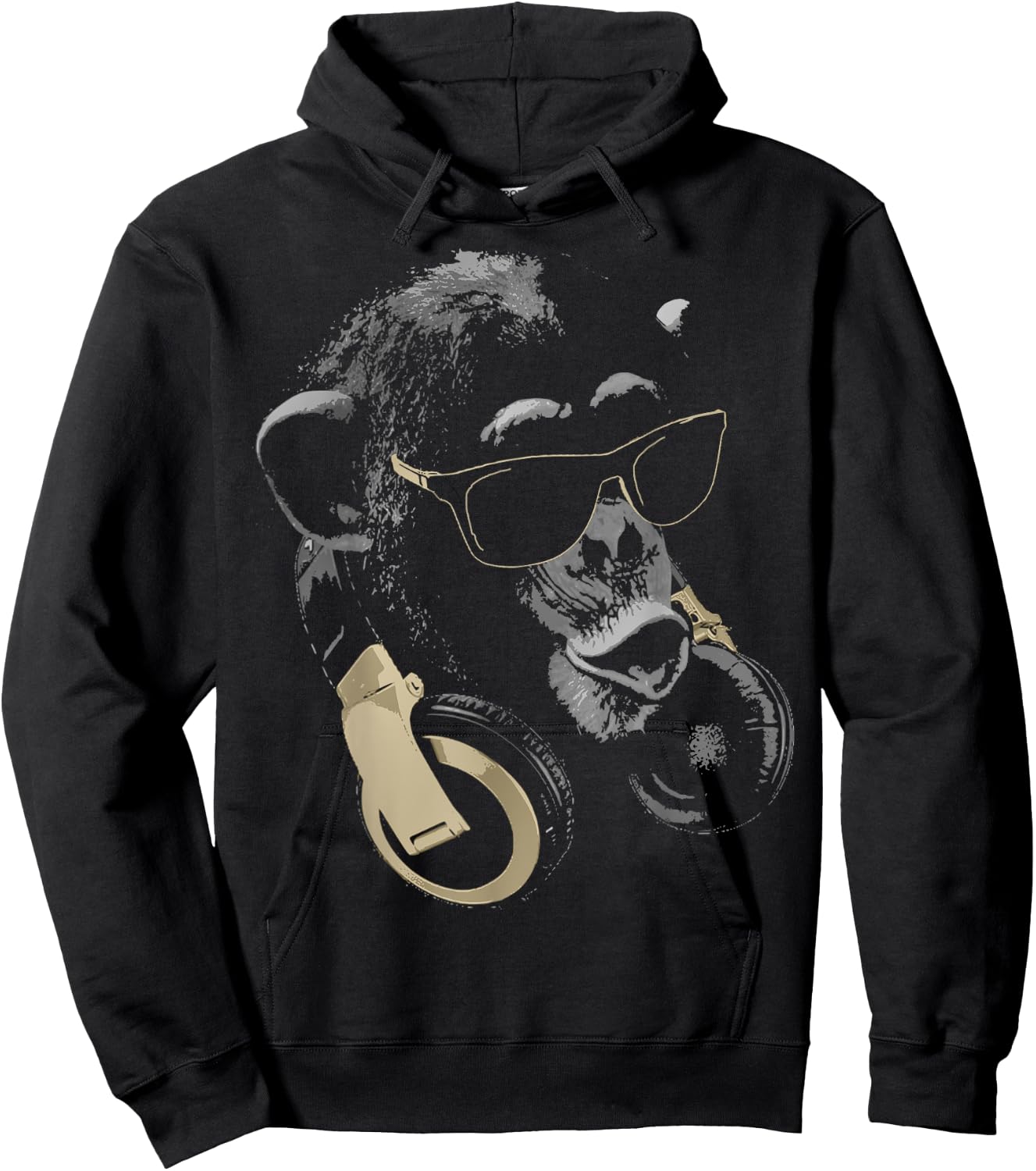 Funny Cute Happy and Cool Animal Design Love Store Monkey Chimpanzee with Sunglasses and Headphones - Adults - Black - Small Hoodie - Hoodie | Black