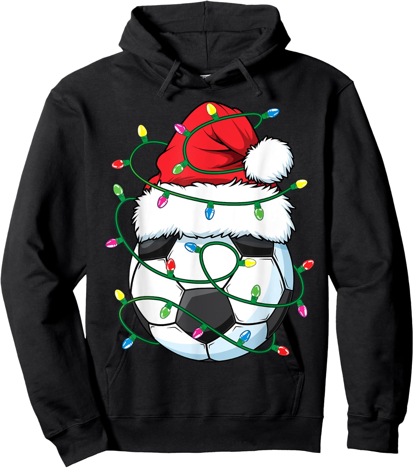 Funny Christmas Soccer Ball Santa Hat Xmas Lights Girls Boys Hoodie - Hoodie | Black