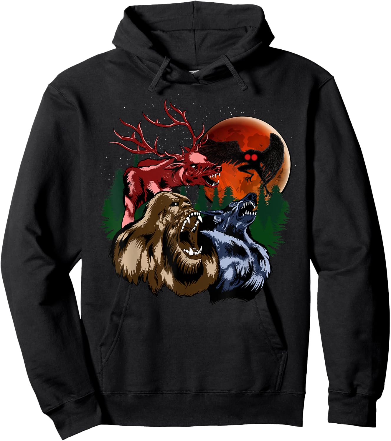 Three Cryptid Moon - Sasquatch, Dogman, Wendigo, Mothman Hoodie - Hoodie | Black